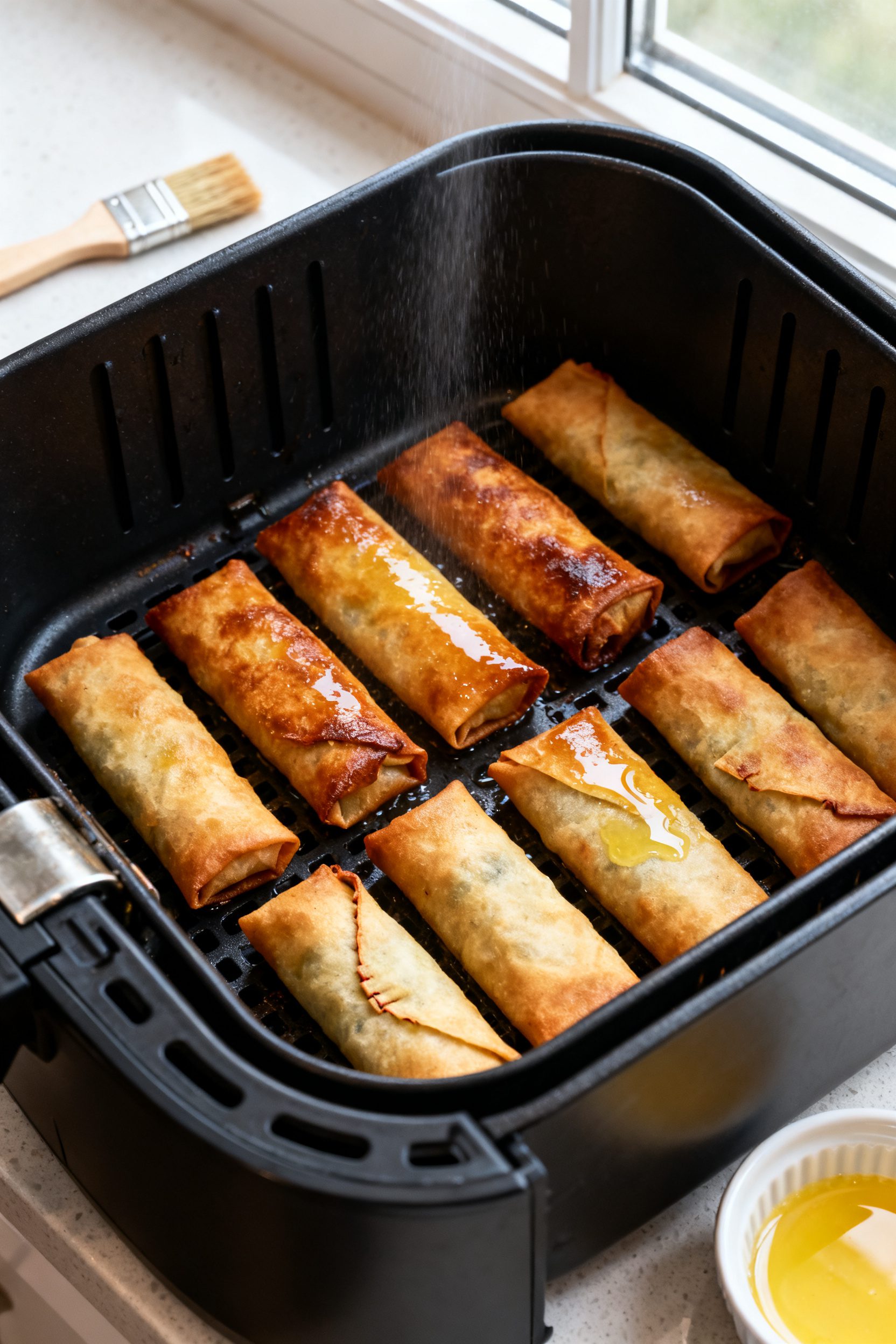 Cooking process shot: Air fryer basket in action with a single layer of egg rolls mid-cook—evenly 