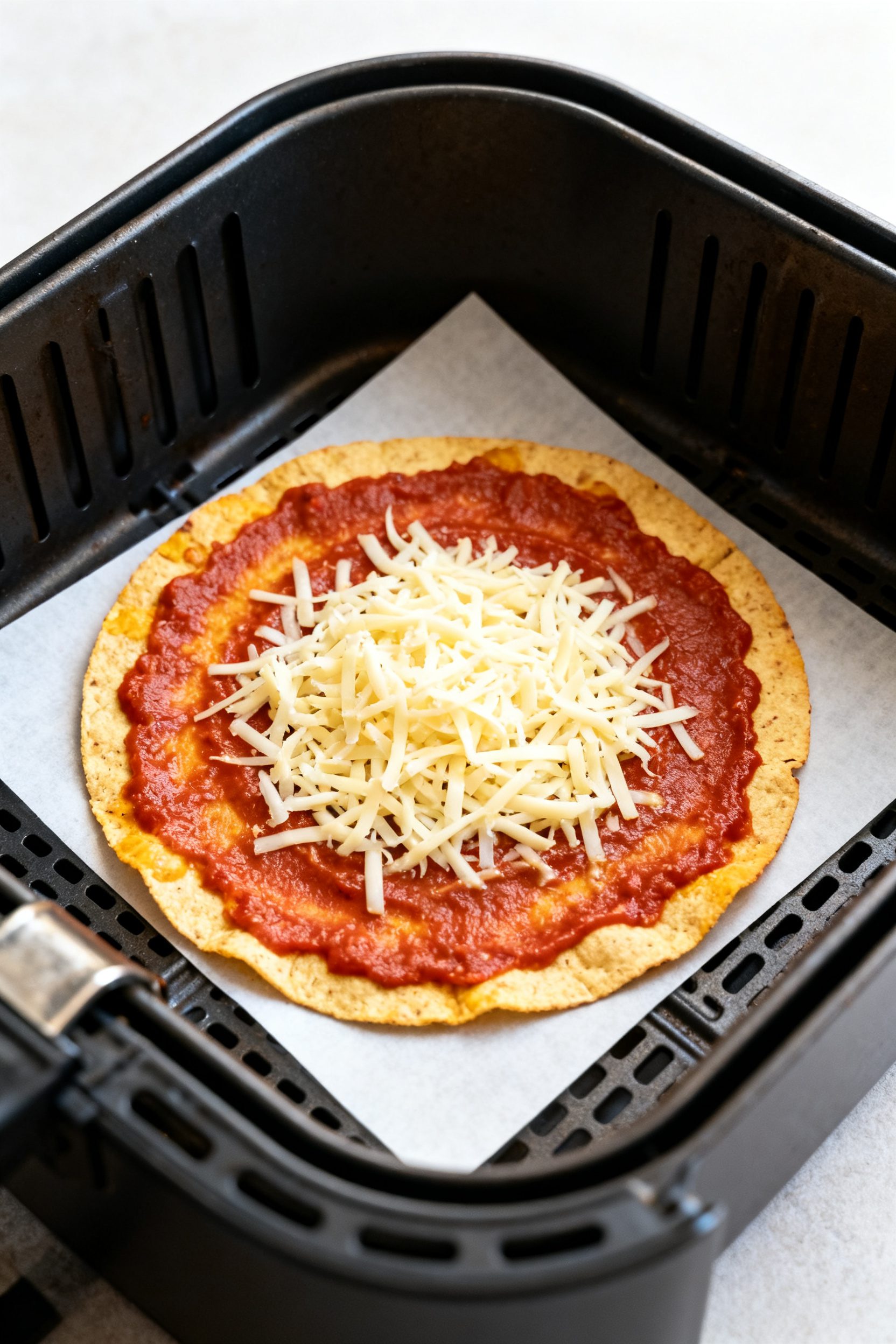 Cooking process shot: Assembled Mexican pizza just placed in the air fryer basket for the melt phase