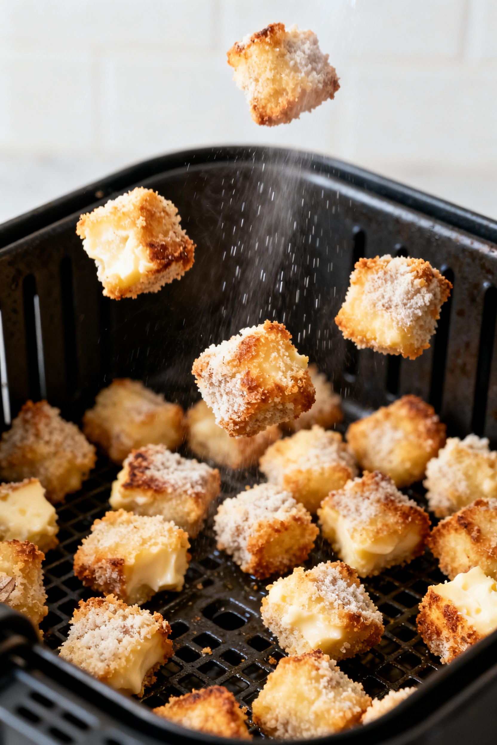 Cooking process shot: coated cheese curds mid-air-fry in a preheated basket at 375°F, captured just