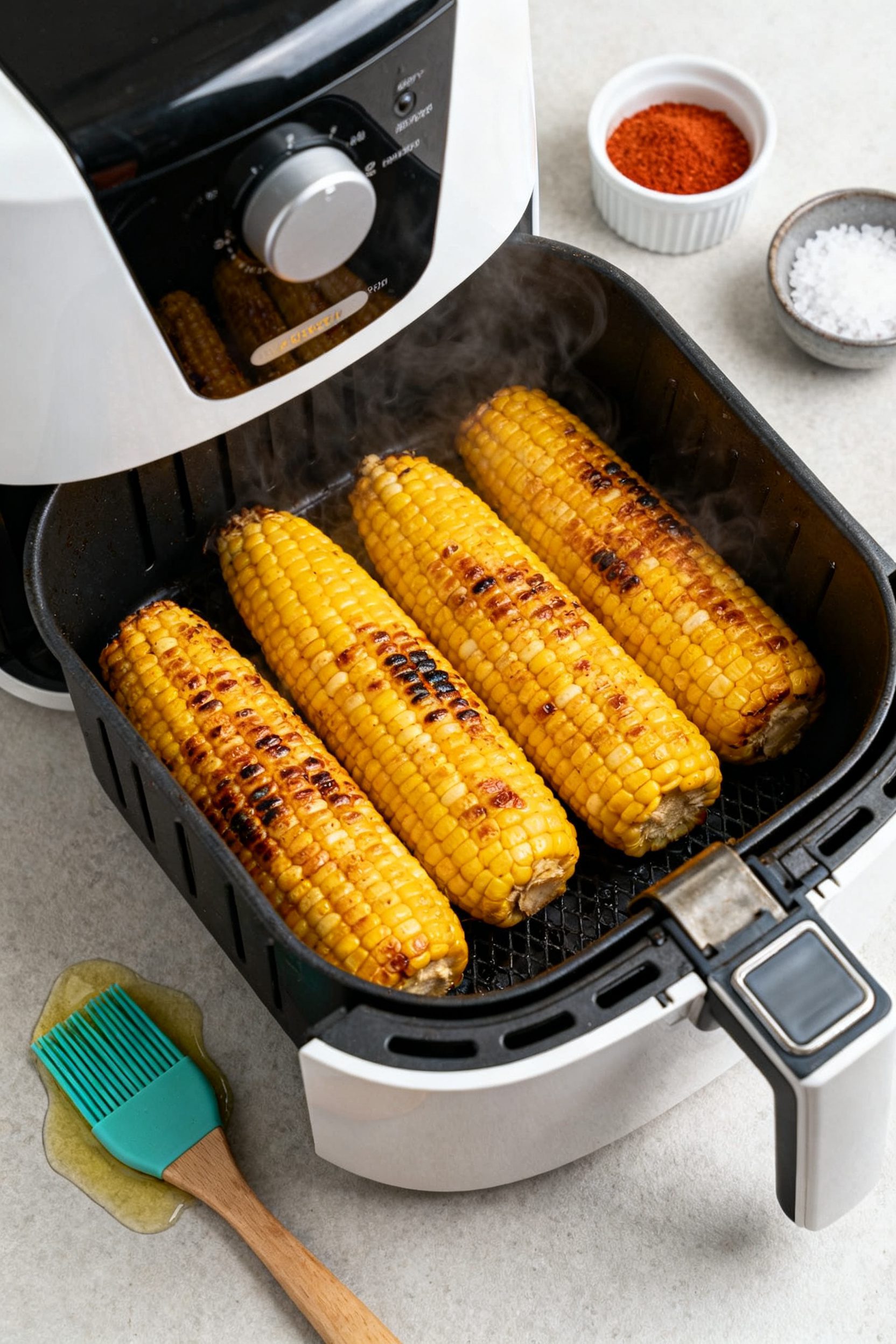 Cooking process shot: Ears of corn in a single layer inside an open air fryer basket at 400°F, midw