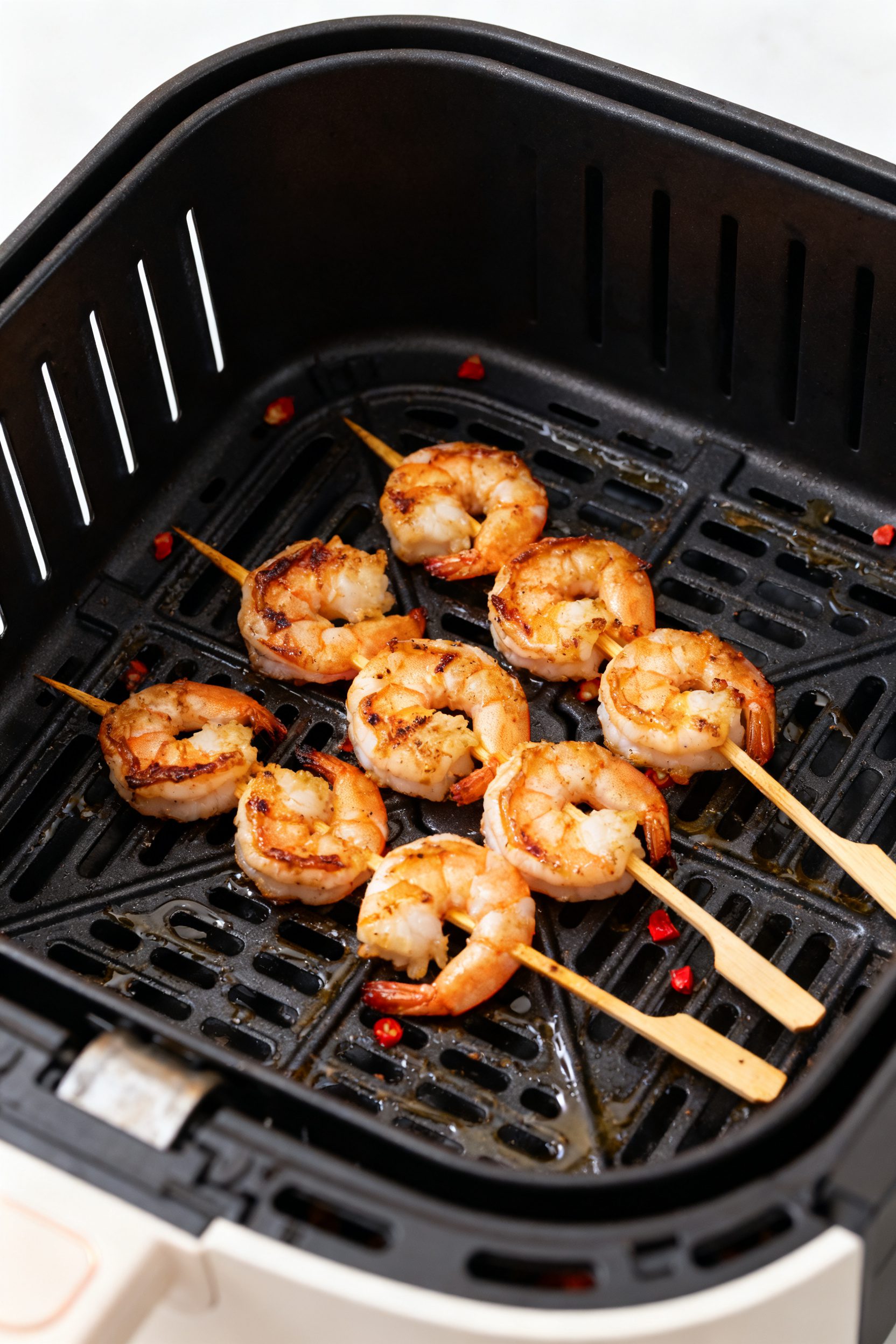 Cooking process shot inside the air fryer: skewers placed in a single layer without overlap in a pre