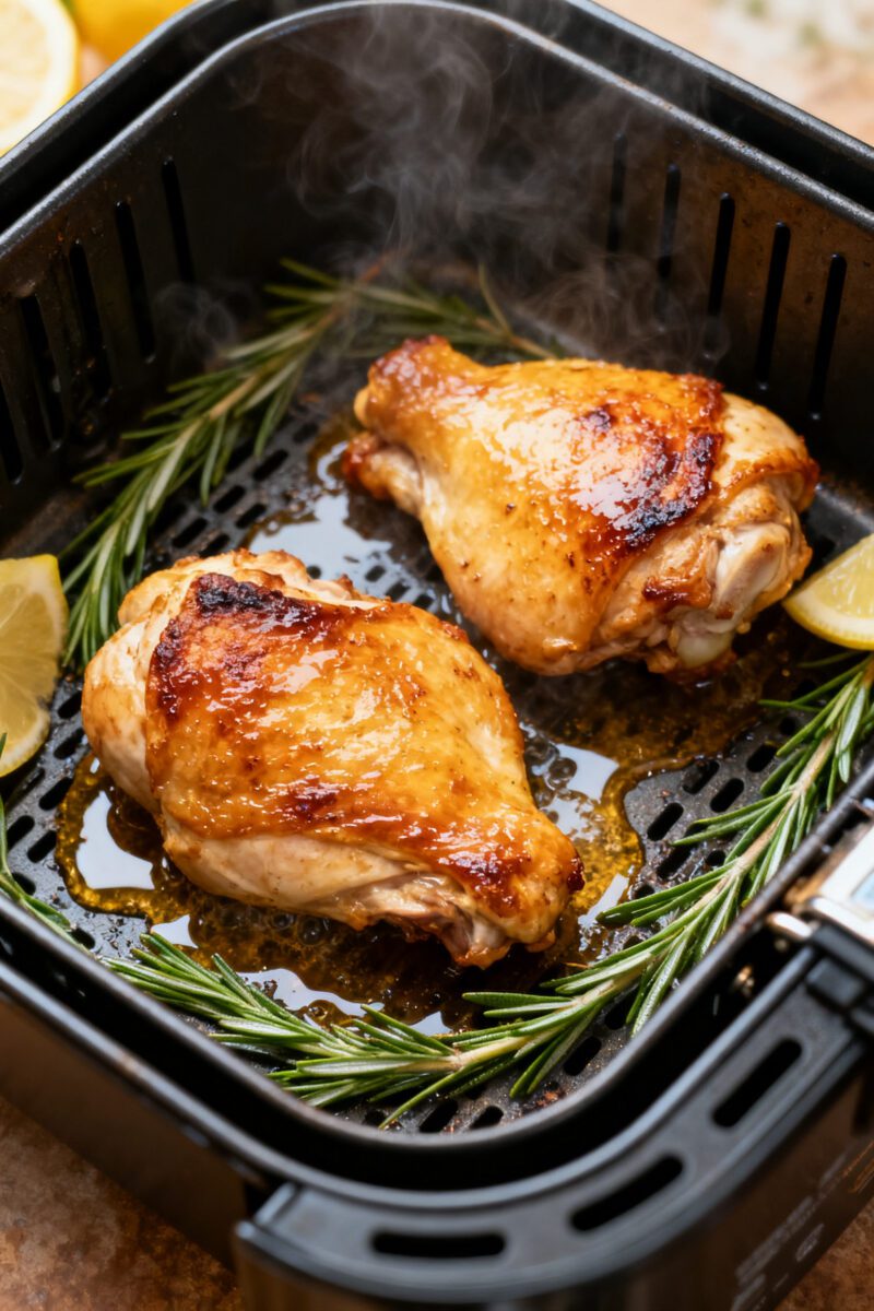 Cooking process shot: Overhead view inside an air fryer basket at mid-cook, two 1–