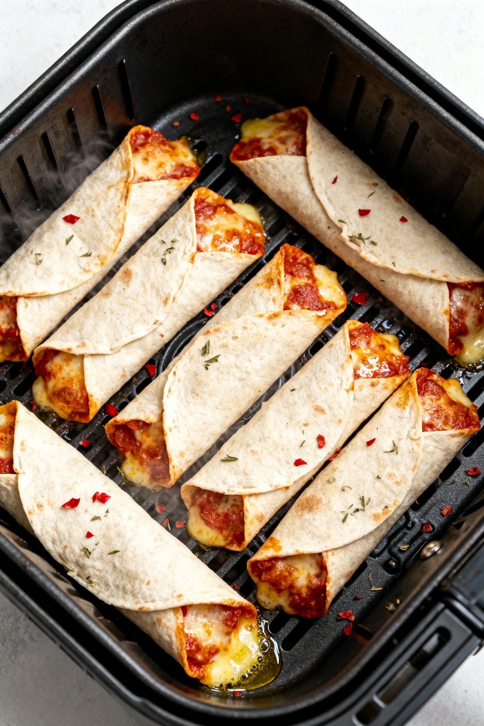 Cooking process shot: Overhead view of multiple pizza tortilla rolls arranged seam-side down in an a