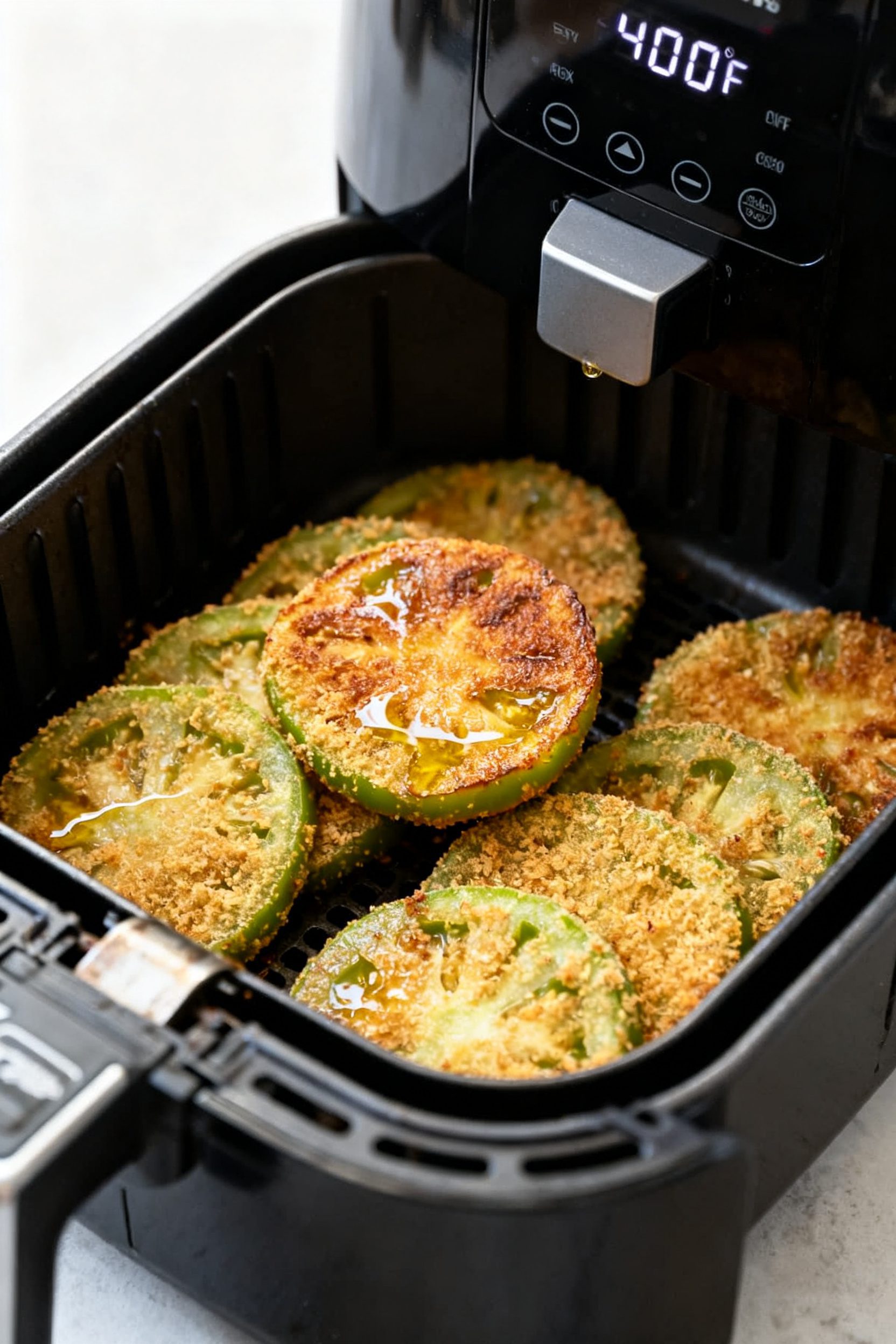 Cooking process shot: Slices of dredged green tomatoes arranged in a single, non-overlapping layer i