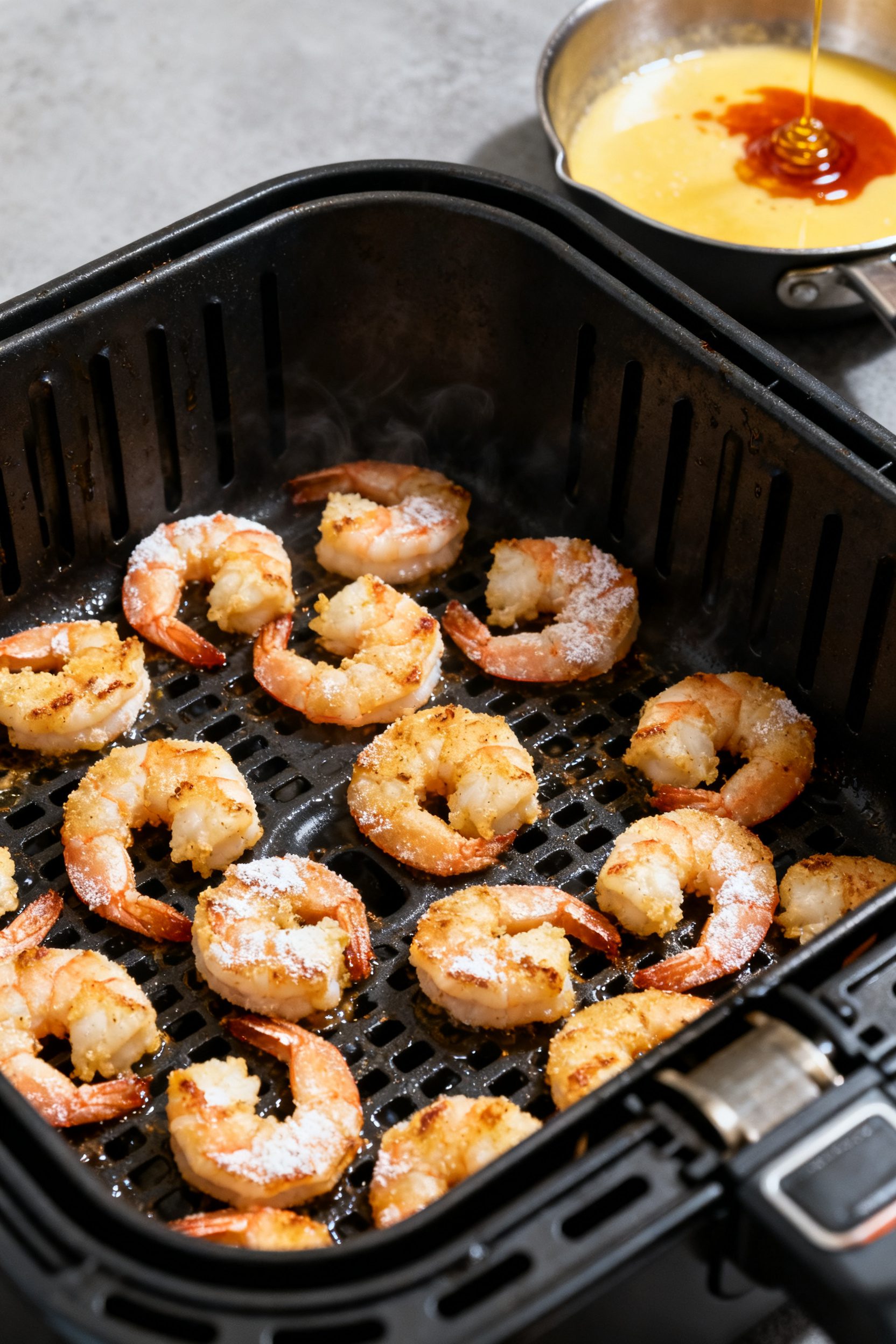Cooking process: Shrimp mid-cook in an air fryer basket at 400°F, arranged in a single, spaced laye