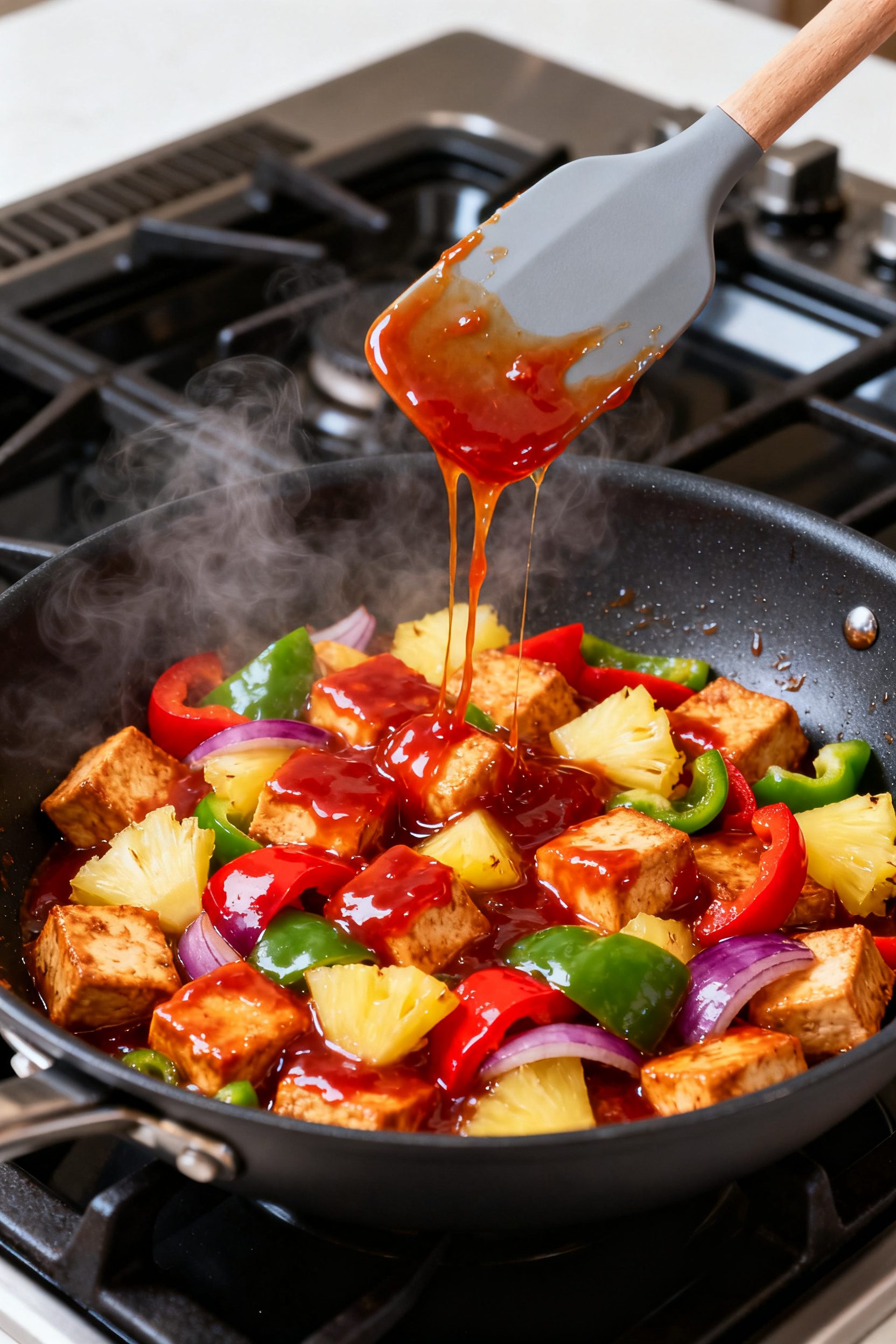Cooking process: Skillet scene showing sweet-and-sour tofu being tossed with sautéed red and green 