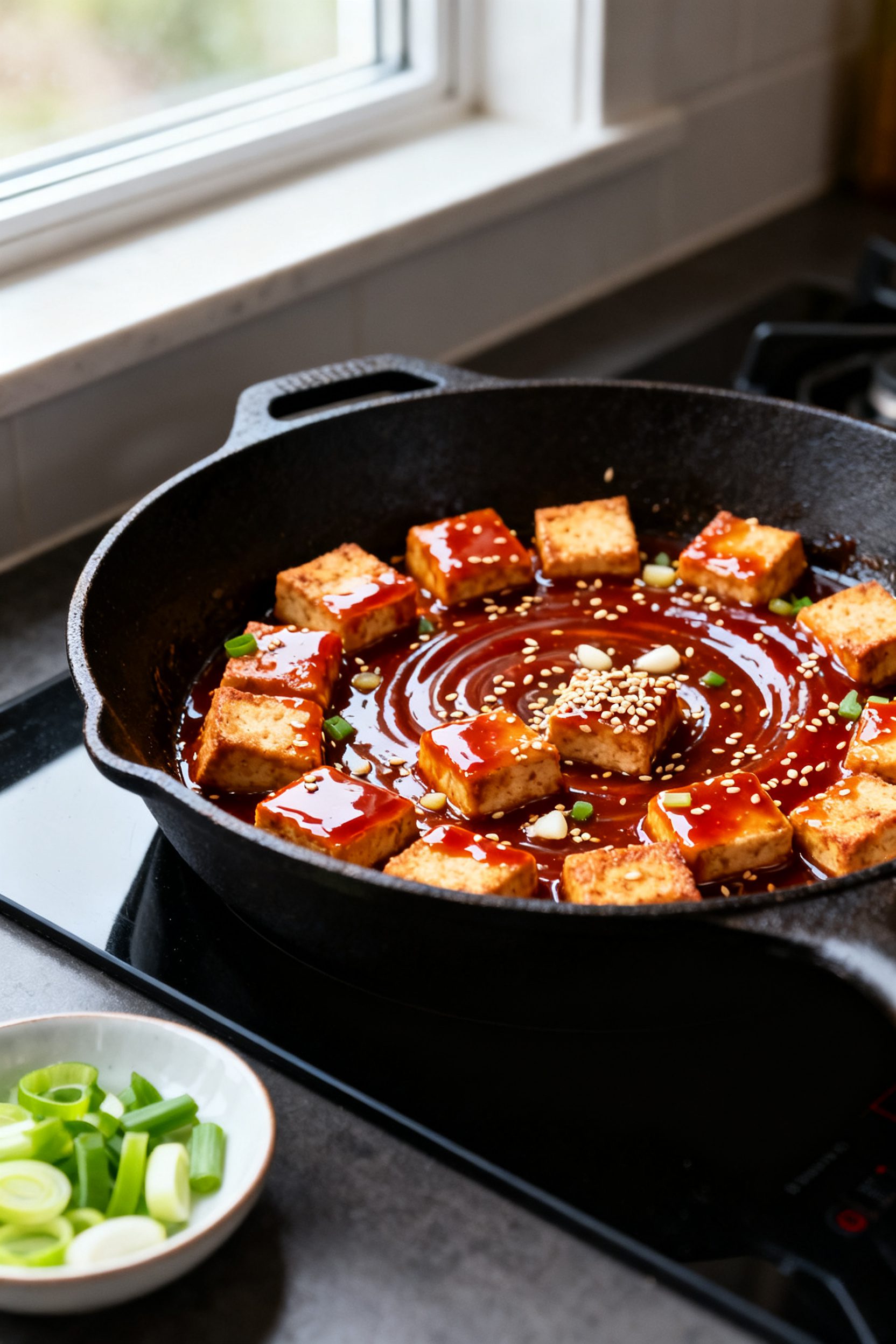 Cooking process: Skillet toss of crispy tofu in a glossy sesame-garlic-ginger sauce; sauce visibly l