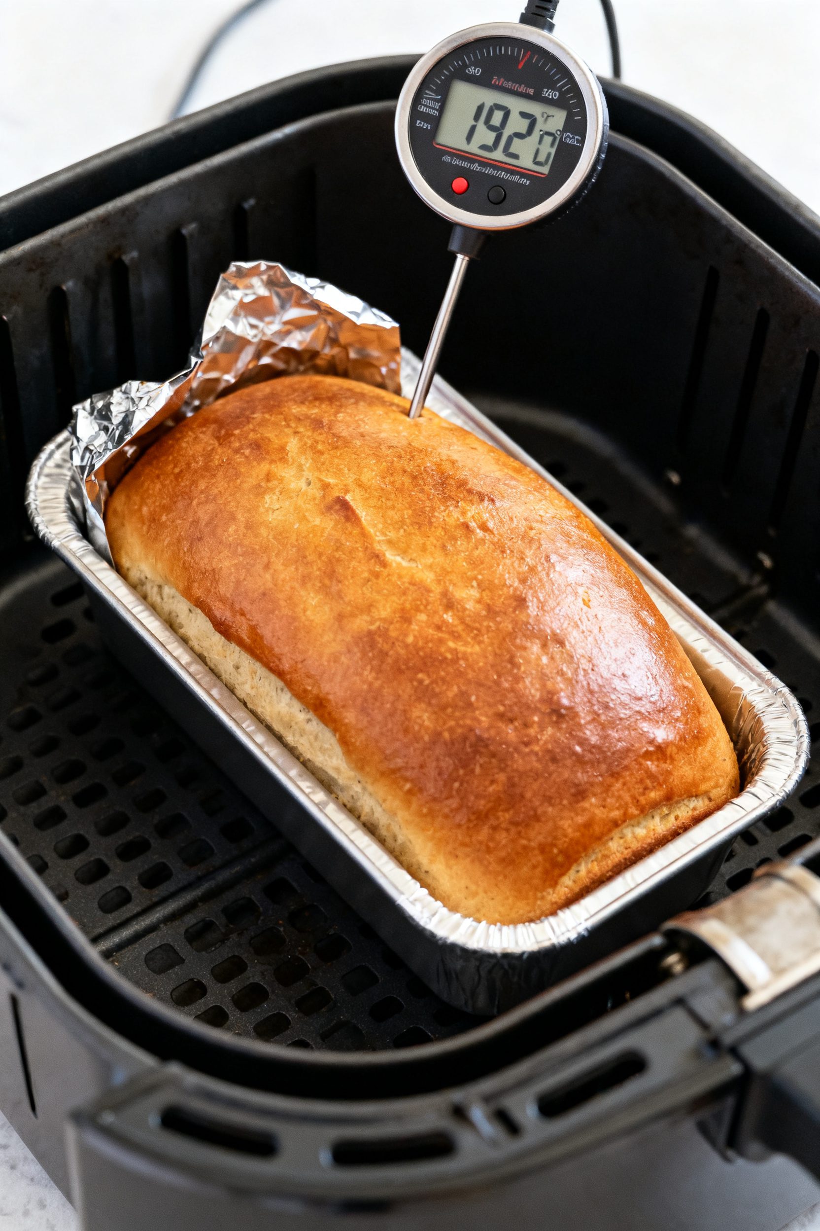 Cooking process: The shaped loaf in a small greased loaf pan inside an air fryer basket during the s