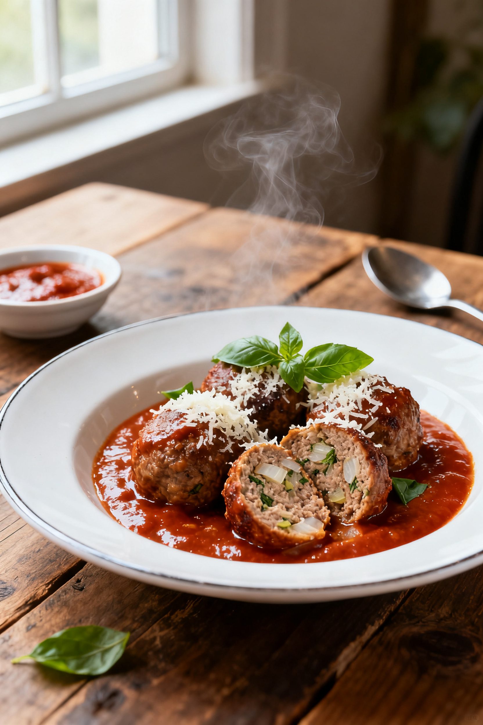 Final dish — Beautifully plated Italian-style meatballs nestled in a shallow pool of glossy marina