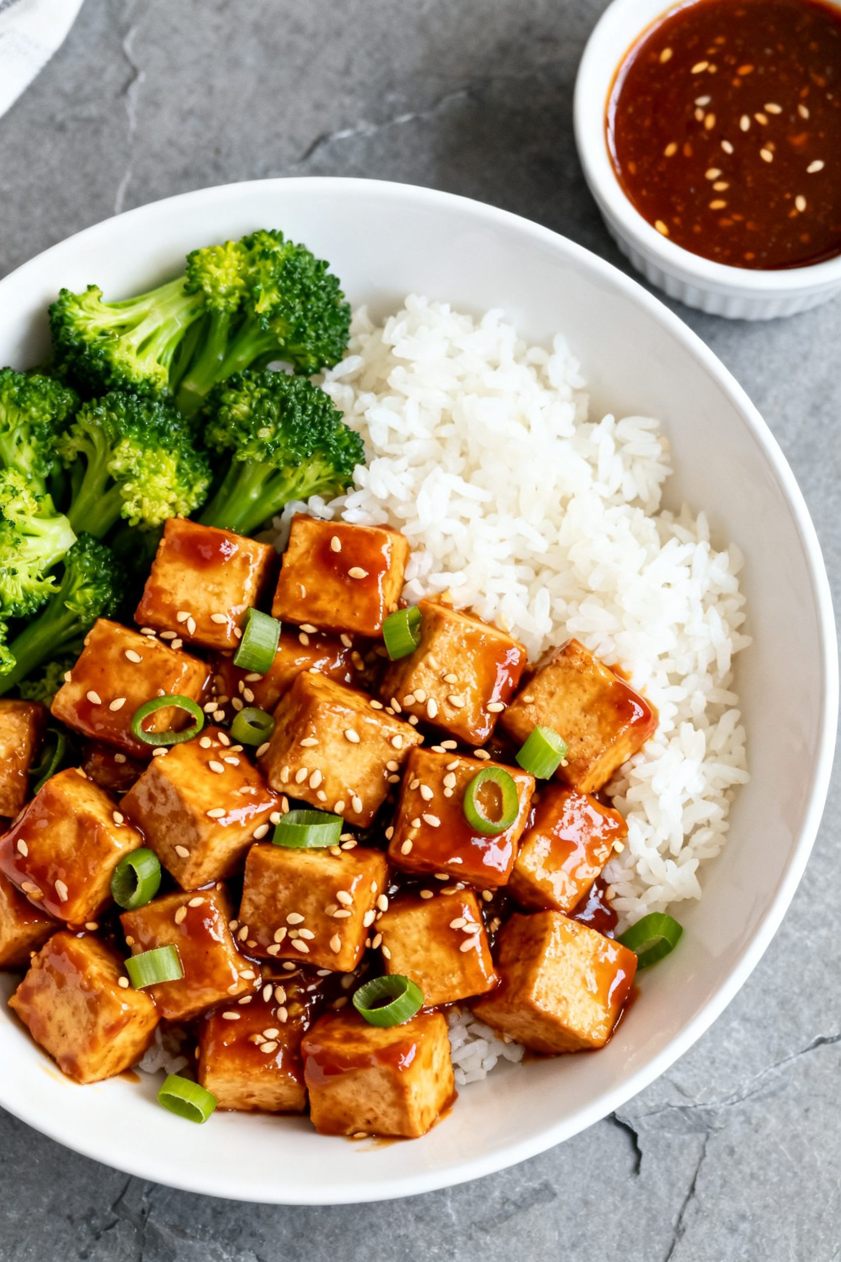Final dish overhead: Restaurant-quality plated Air Fryer General Tso Tofu over fluffy white rice wit