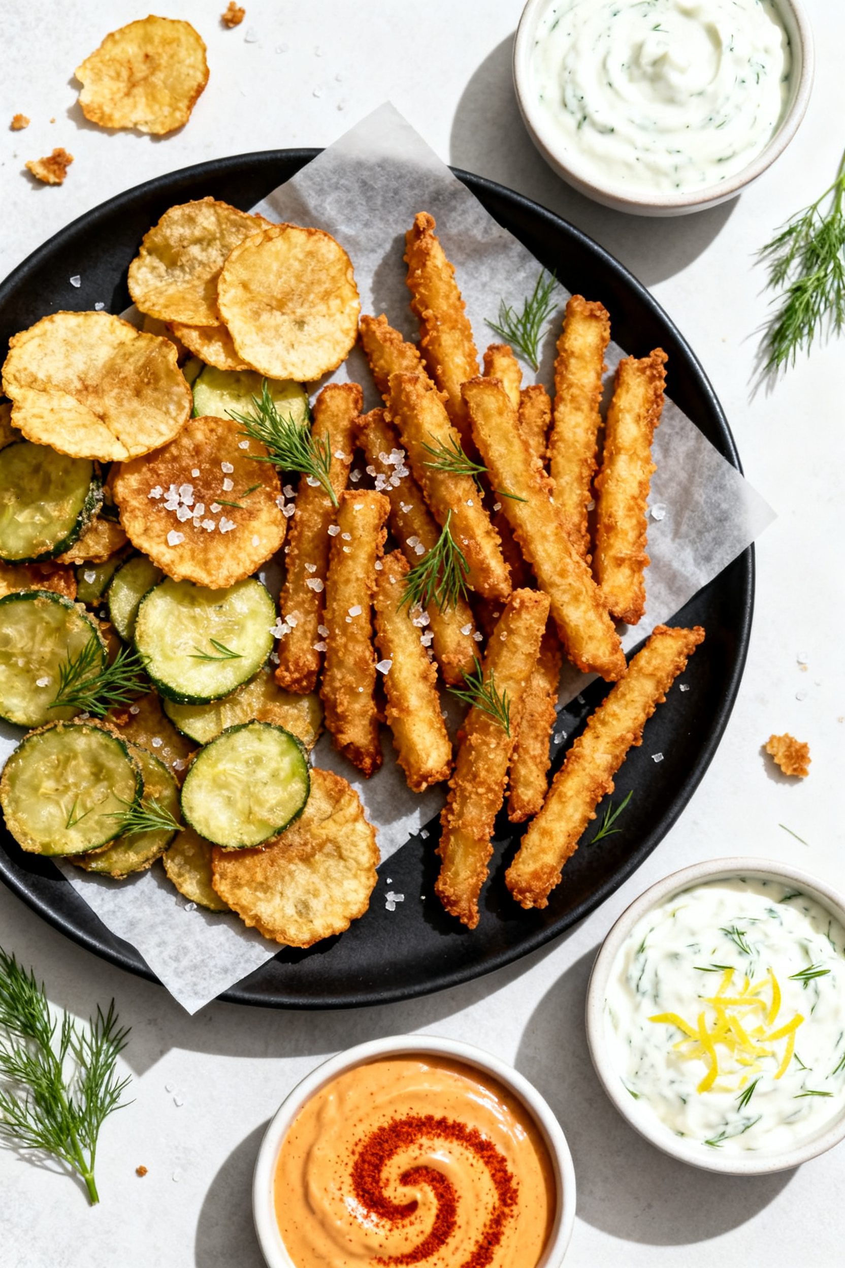 Final dish overhead: Restaurant-quality platter of air-fried gluten-free fried pickles (mix of chips