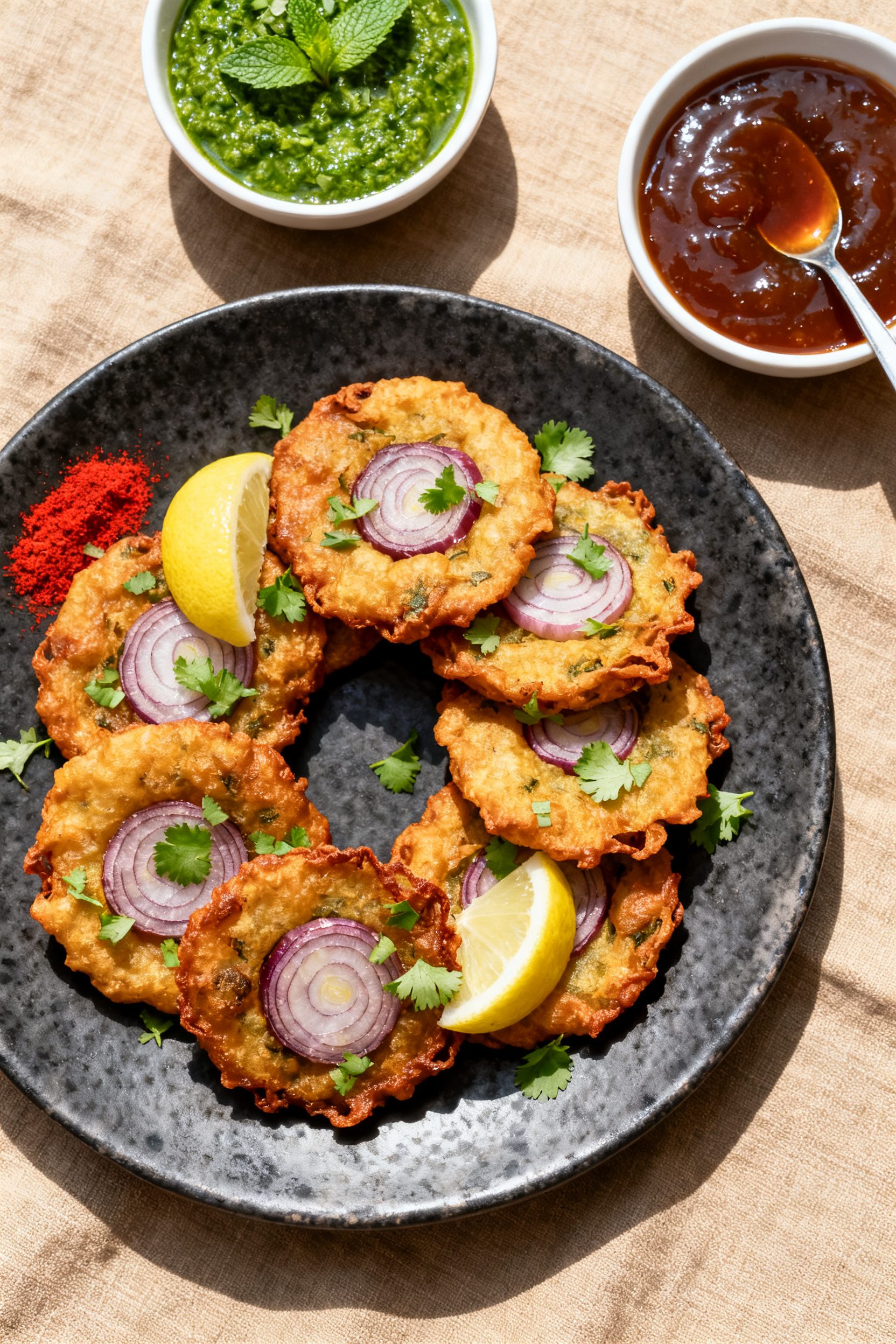 Final dish overhead: Tasty top view of a platter of air fryer onion bajji arranged in a loose spiral