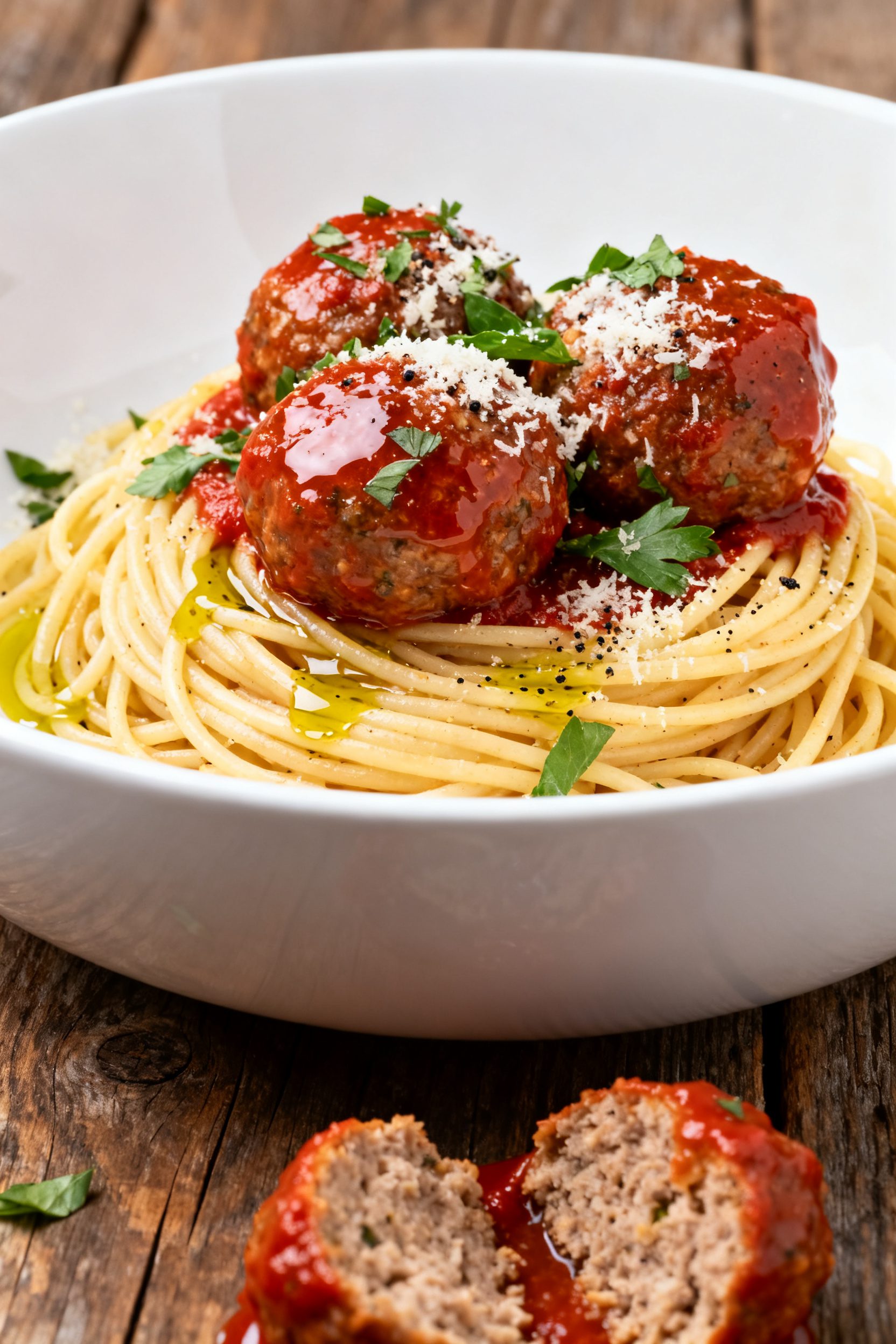 Final dish, plated presentation: Beautifully plated bowl of spaghetti and meatballs, pasta twirled i
