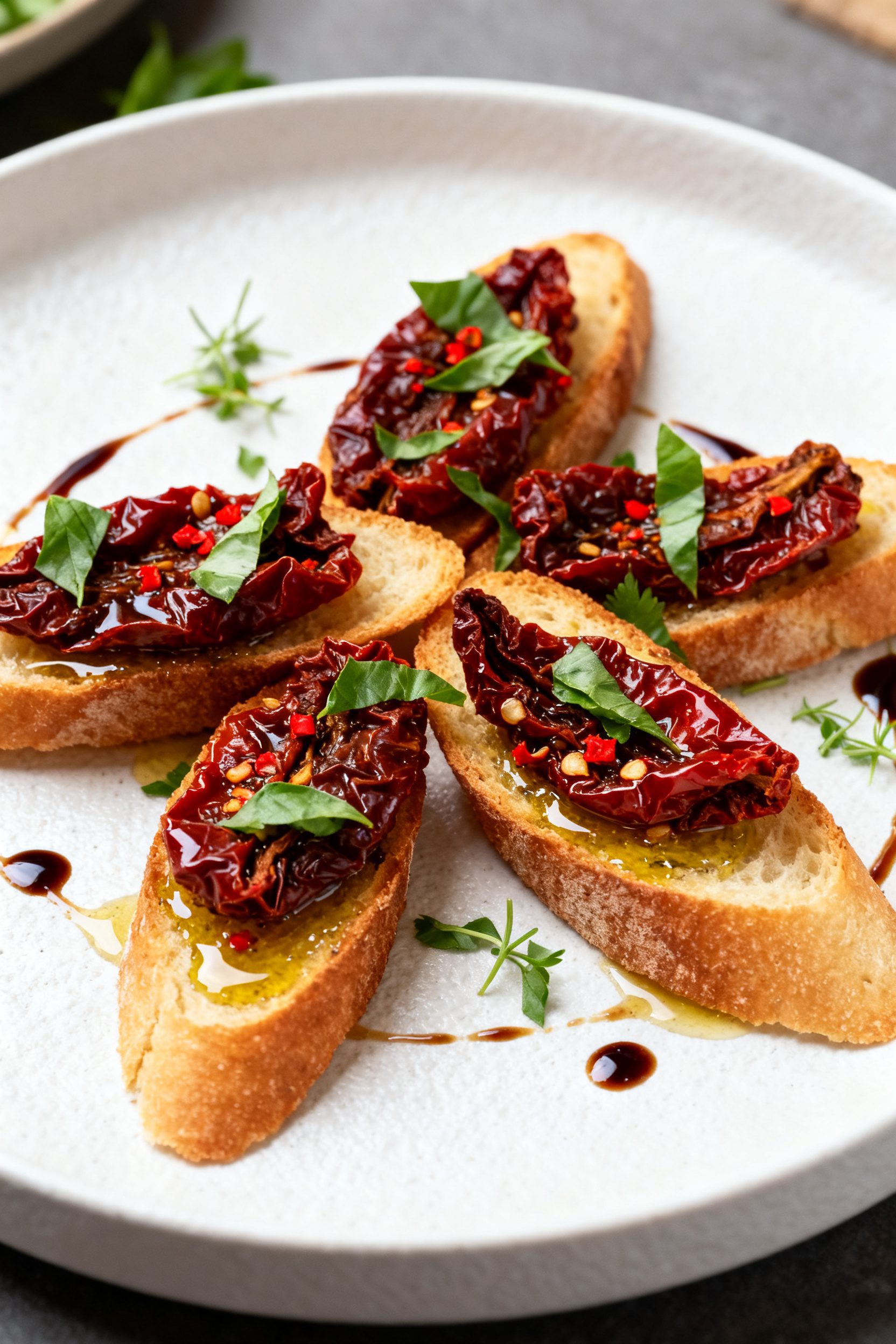 Final dish presentation: air fryer sun dried tomatoes tossed for serving with a drizzle of olive oil