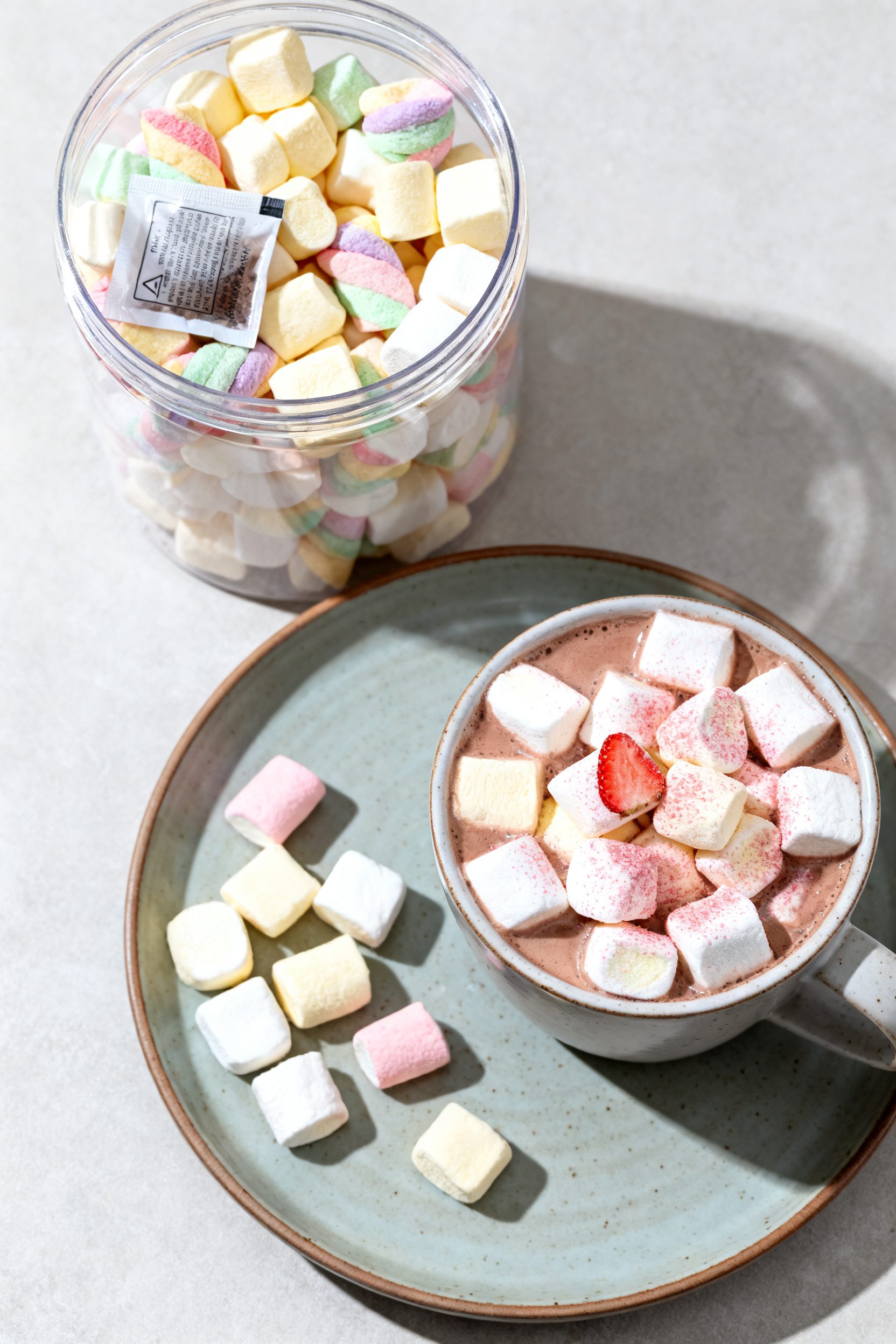 Final dish presentation: Beautiful jar-to-table scene of assorted dehydrated marshmallows (mini vani