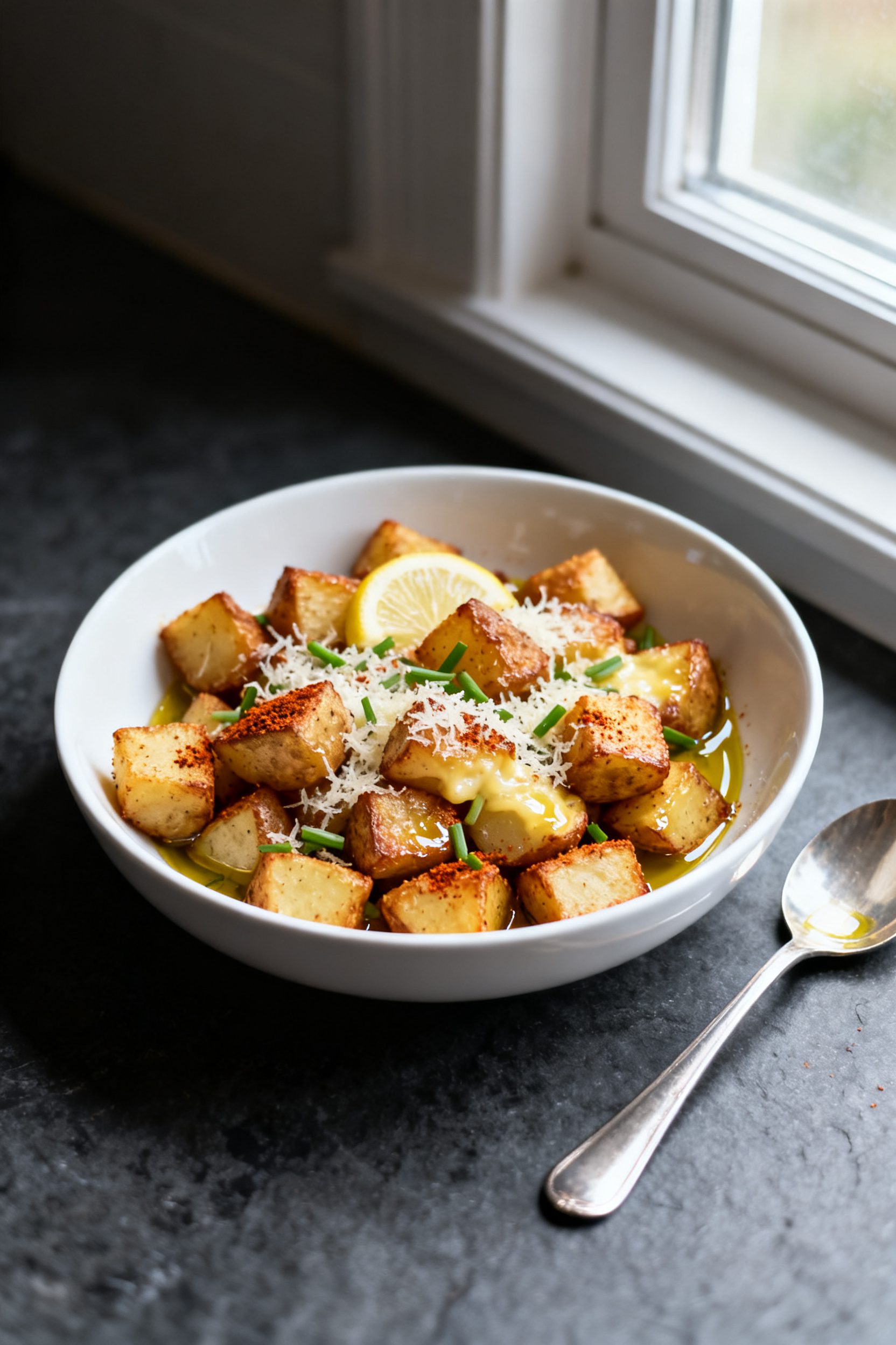 Final dish presentation, : Beautifully plated Air Fryer Potato Cubes in a shallow white bowl, gliste