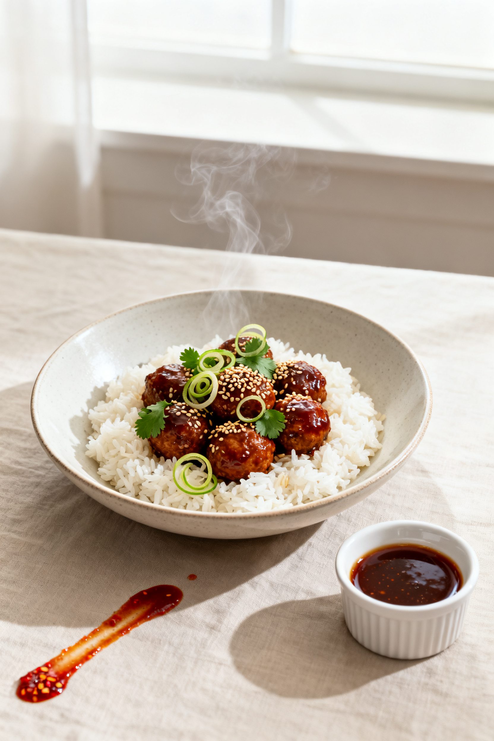 Final dish presentation: Beautifully plated Air Fryer Asian Meatballs over fluffy jasmine rice in a
