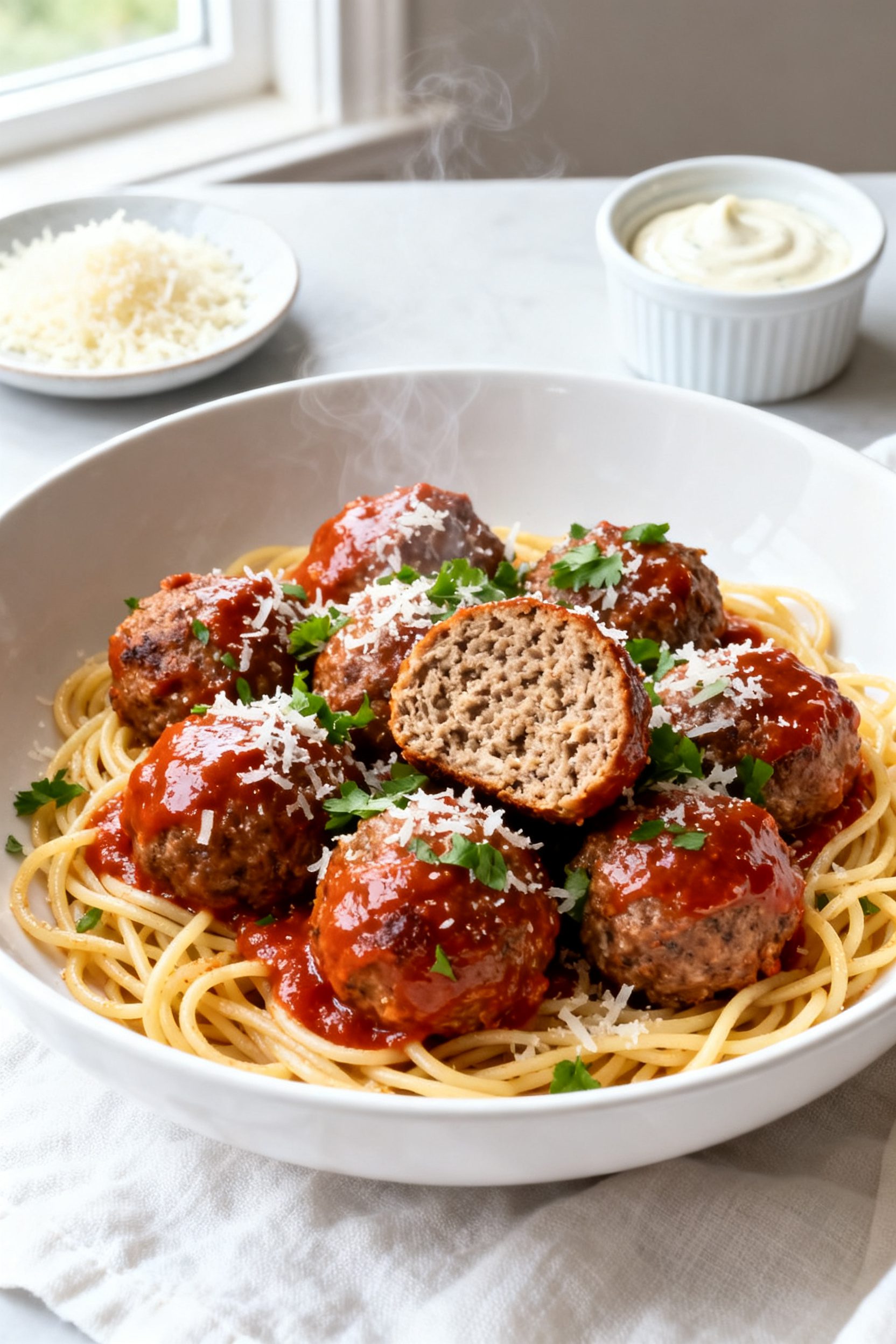 Final dish presentation: Beautifully plated Air Fryer Beef Meatballs tossed in glossy warm marinara,