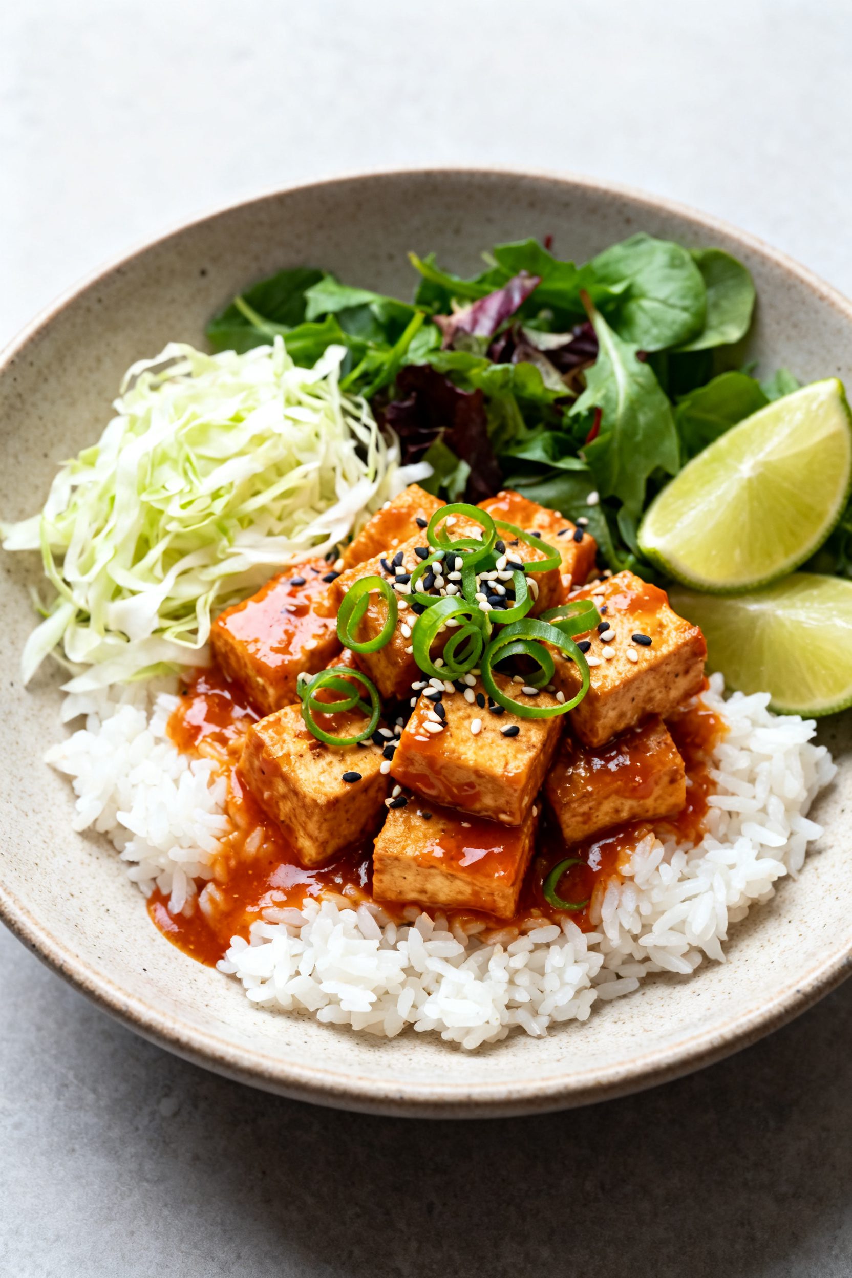 Final dish presentation: Beautifully plated Air Fryer Bang Bang Tofu bowl—sauced, lacquered tofu p