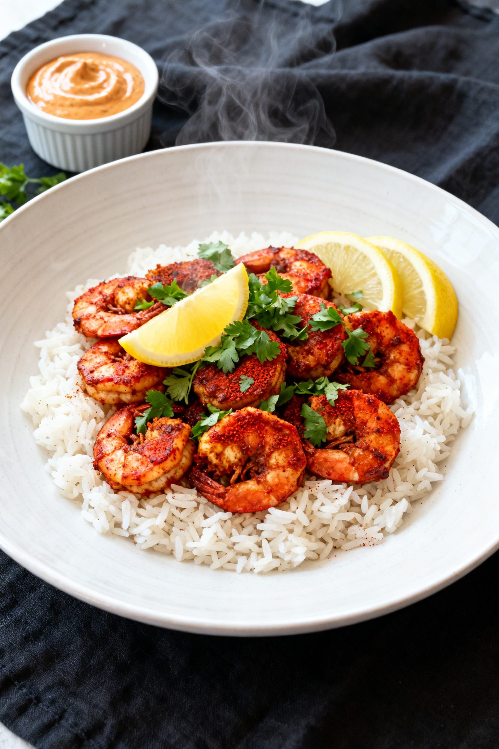 Final dish presentation: Beautifully plated Air Fryer Cajun Shrimp over fluffy jasmine rice on a wid