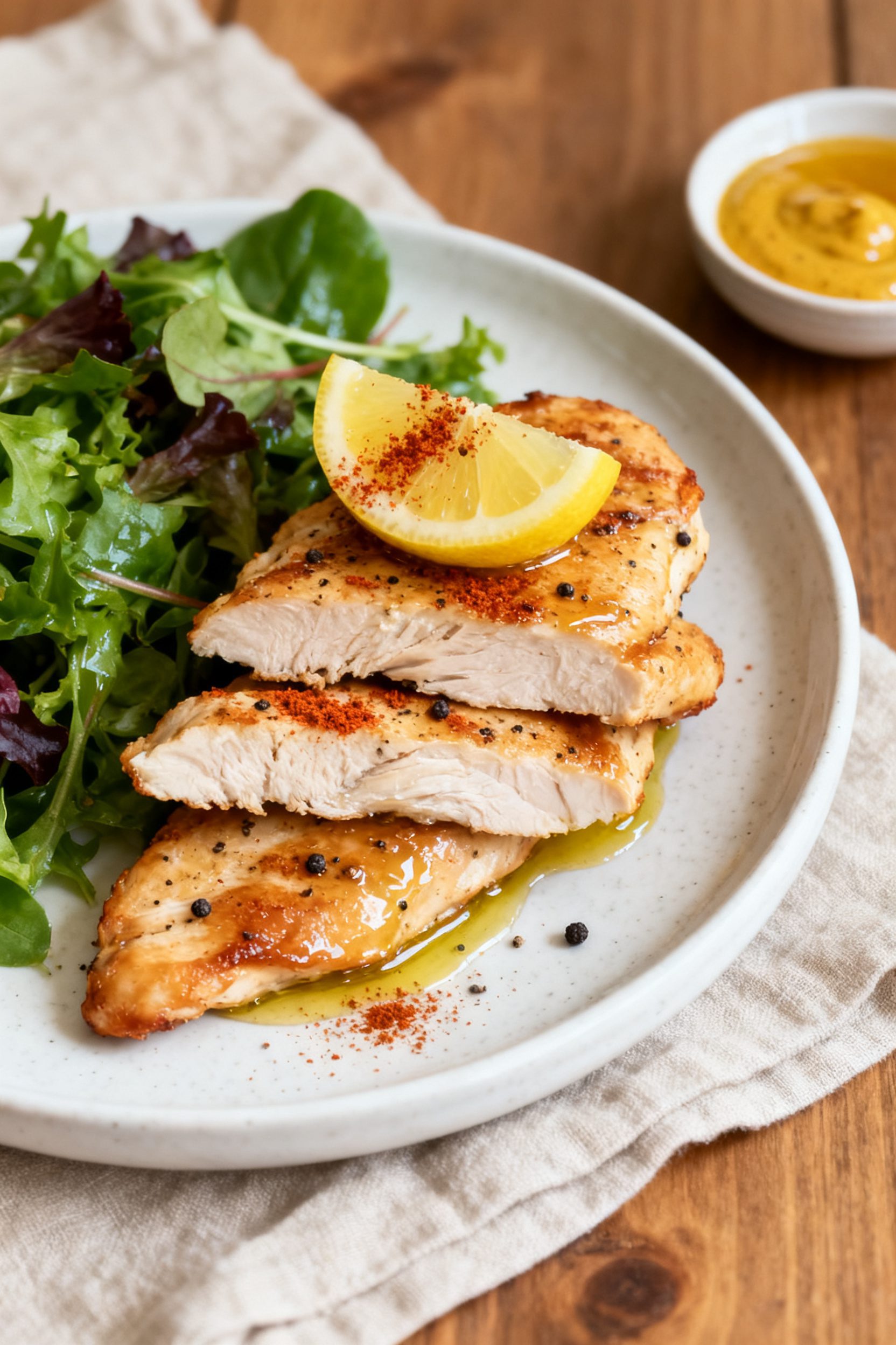 Final dish presentation: Beautifully plated air fryer chicken breast strips arranged in a neat stack