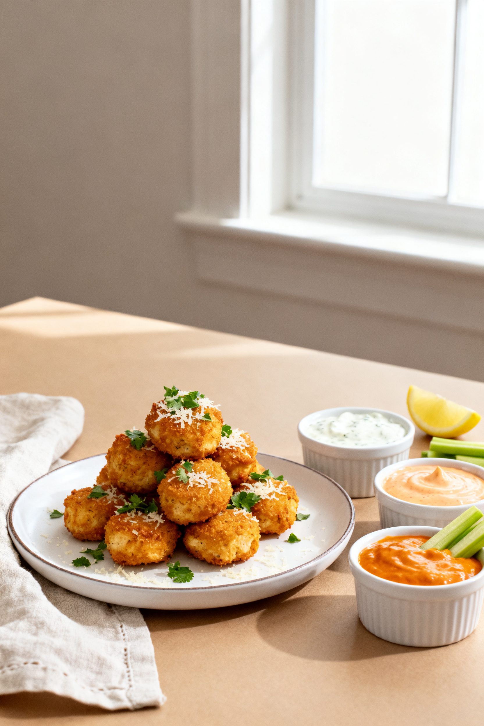 Final dish presentation: Beautifully plated Air Fryer Keto Chicken Bites stacked on a white rimmed p