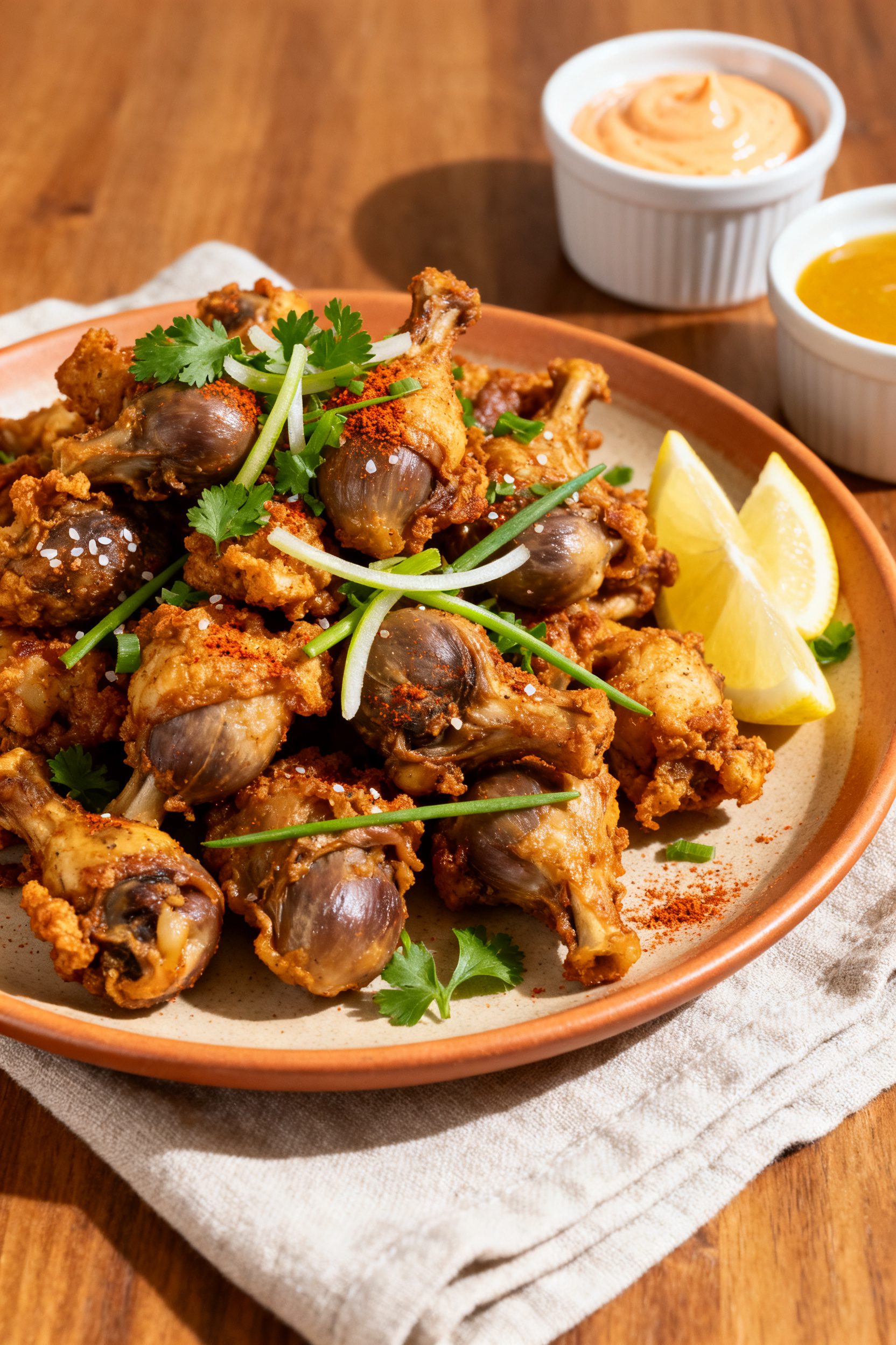 Final dish presentation: Beautifully plated air fryer chicken gizzards piled on a warm ceramic plate
