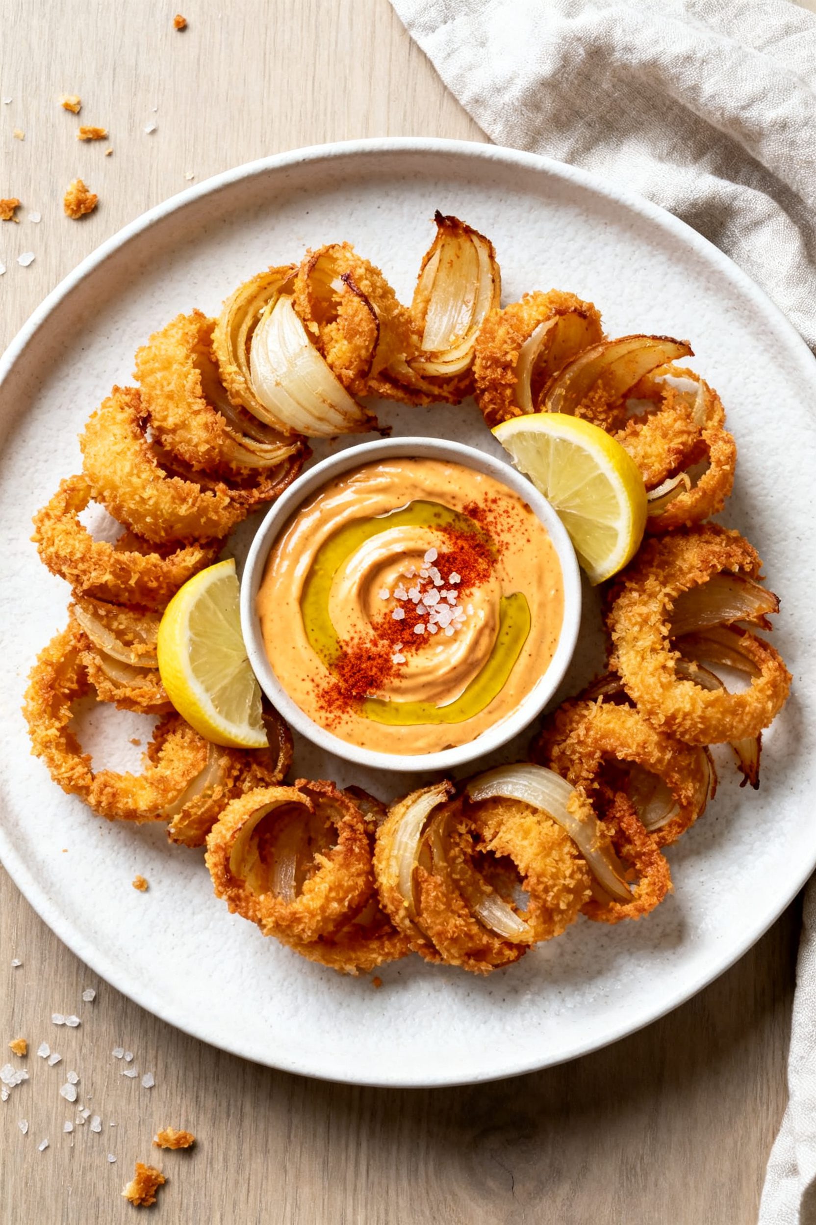 Final dish presentation: Beautifully plated Air Fryer Onion Petals arranged in a loose wreath on a m