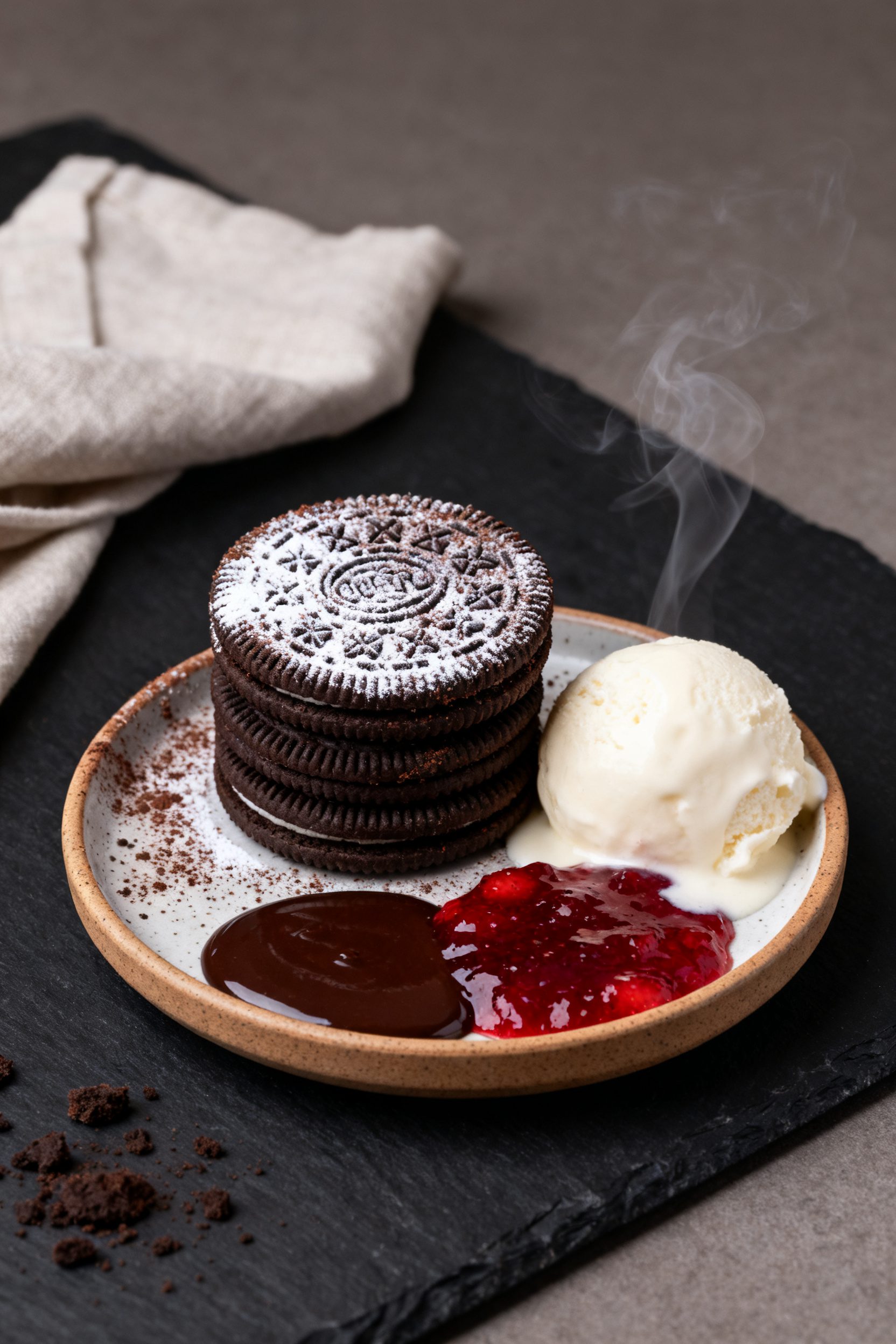 Final dish presentation: Beautifully plated air fryer fried Oreos stacked on a small ceramic dessert