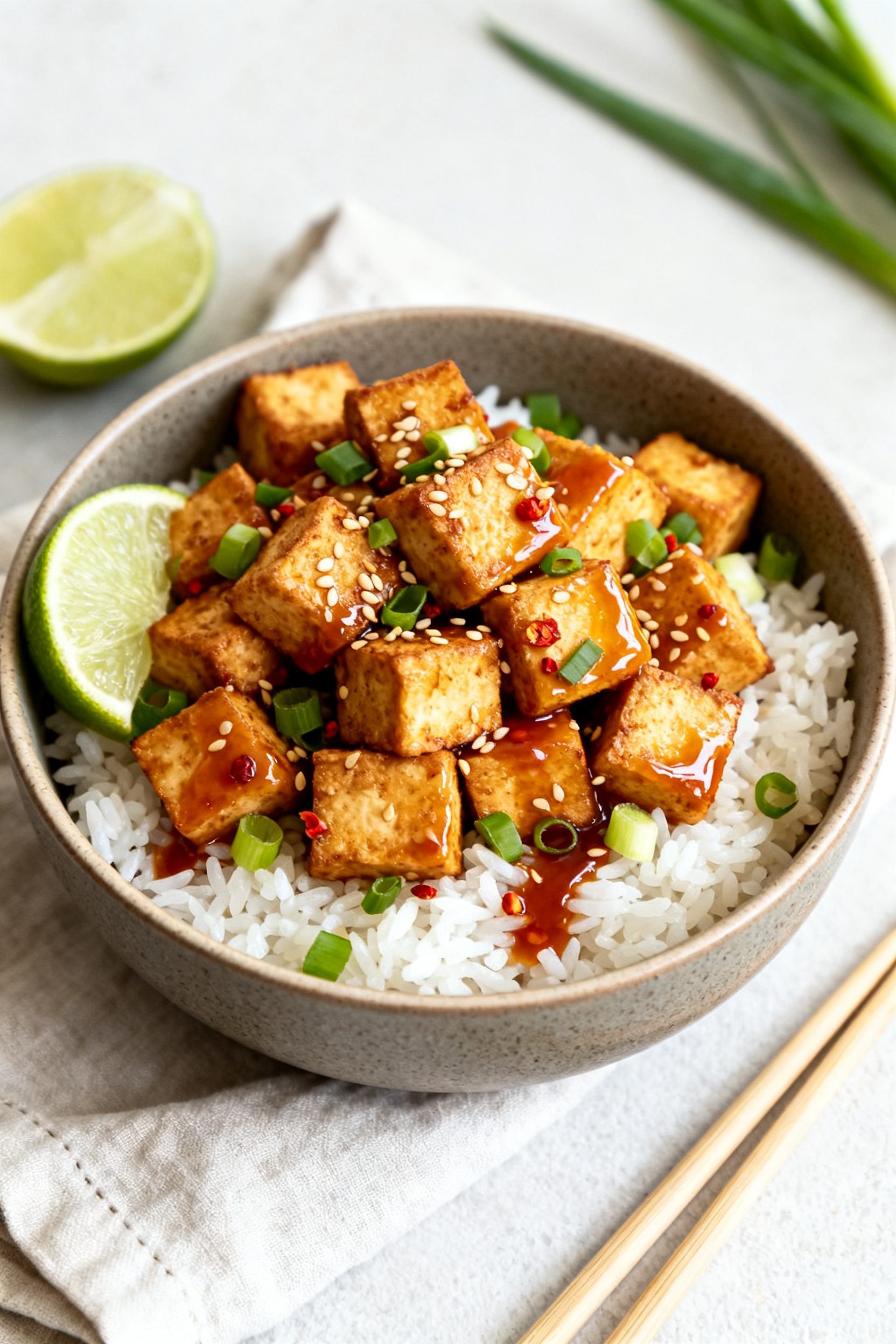 Final dish presentation: Beautifully plated air fryer tofu bowl over jasmine rice with a scatter of 