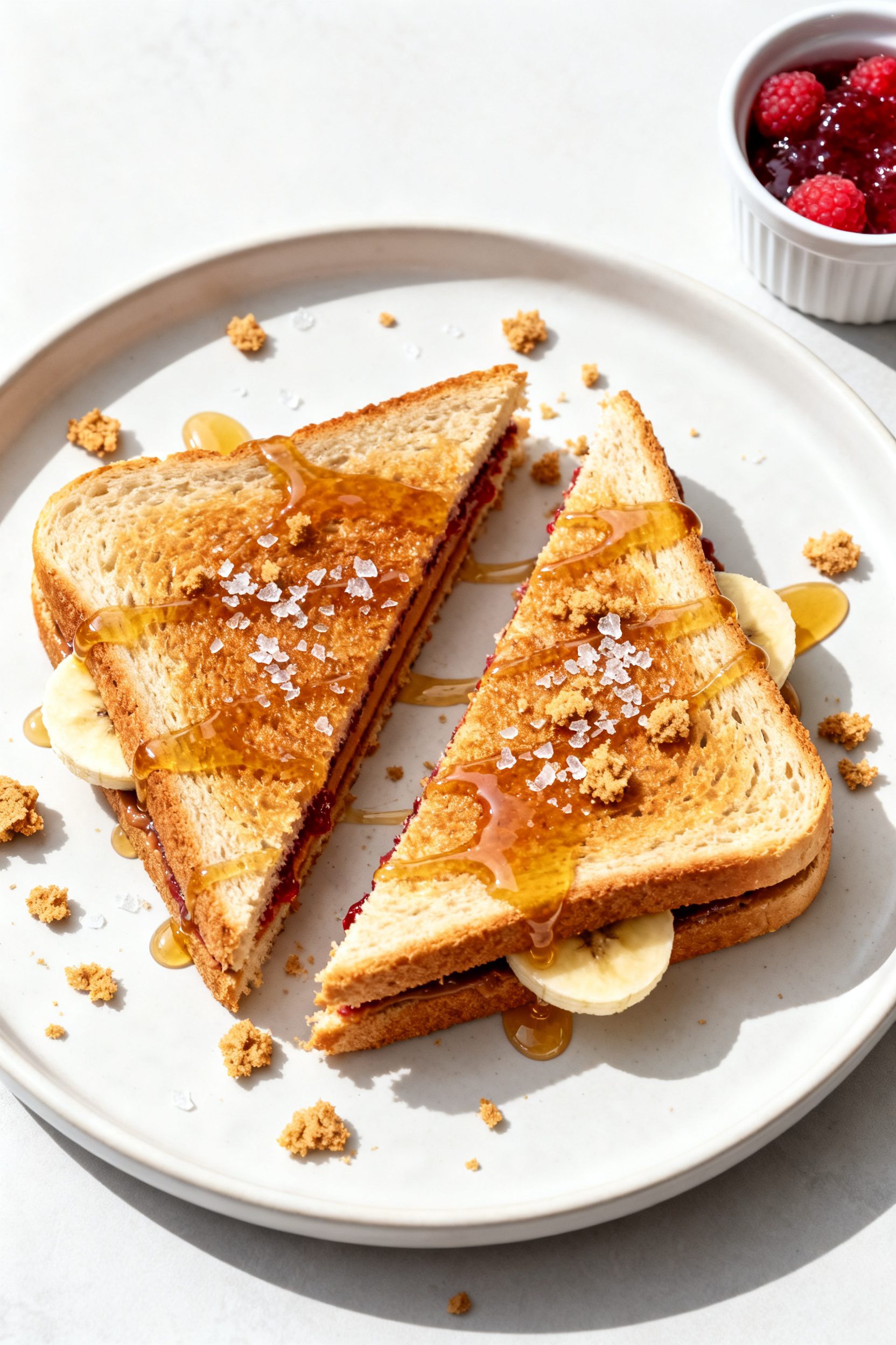 Final dish presentation: Beautifully plated air fryer PB&J sliced into triangles on a matte white pl