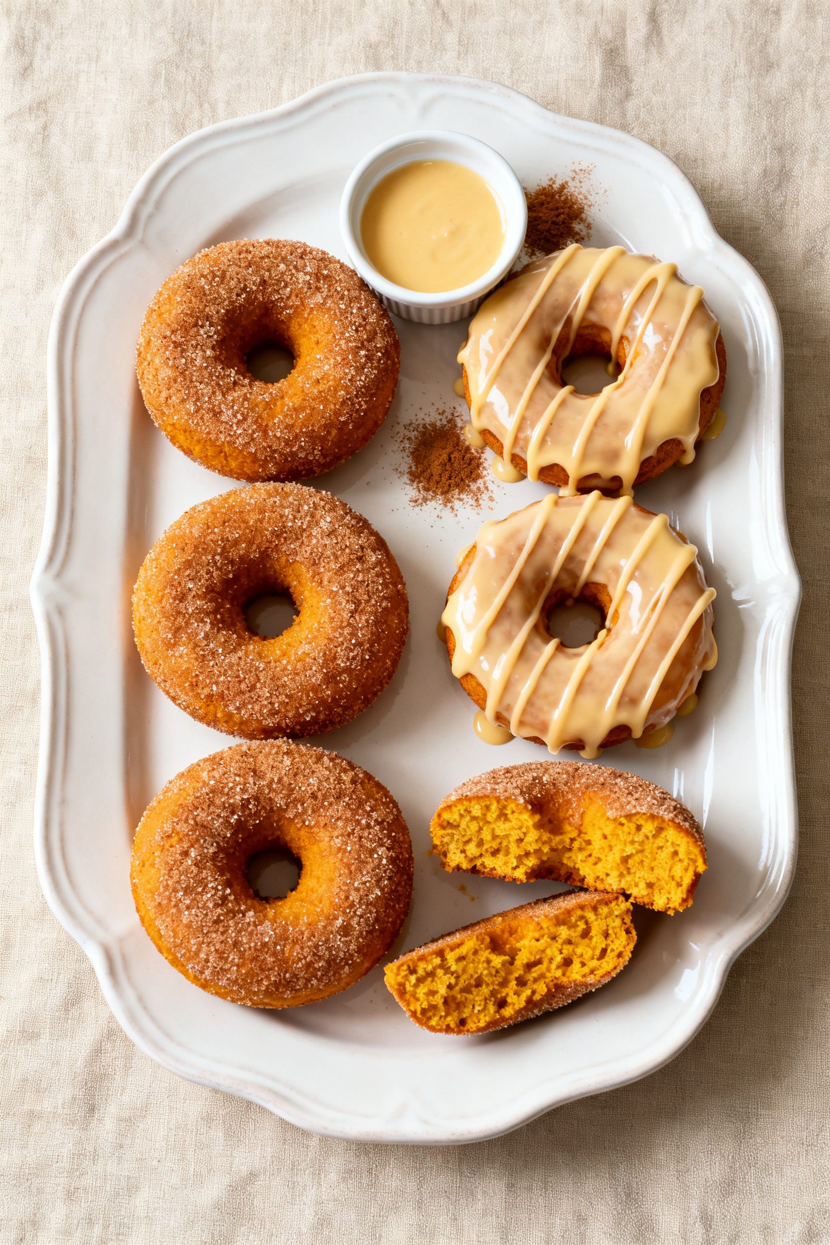 Final dish presentation: Beautifully plated air fryer pumpkin donuts, half coated in sparkling cinna