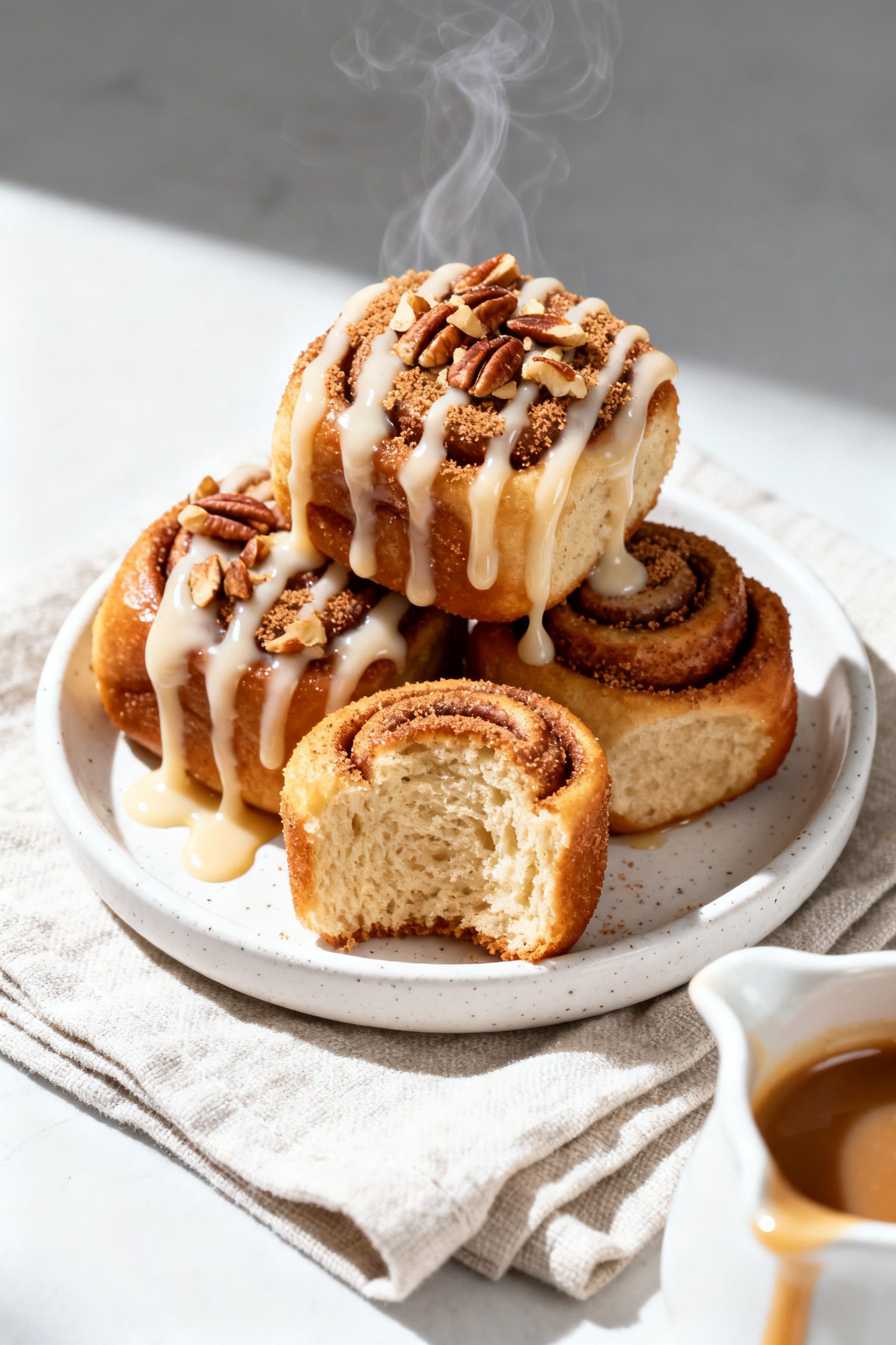 Final dish presentation: Beautifully plated air fryer cinnamon roll bites stacked on a small white s