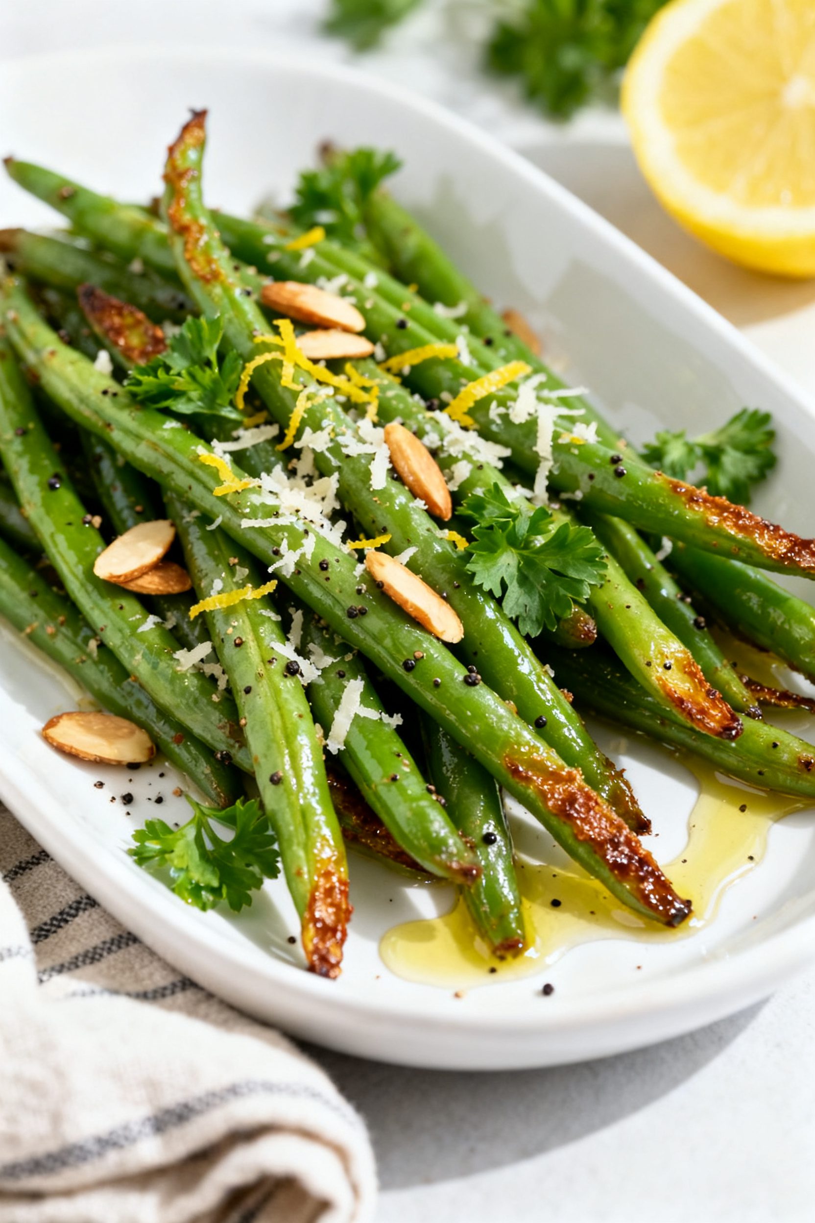 Final dish presentation: Beautifully plated Air Fryer Keto Green Beans on a white ceramic platter, f