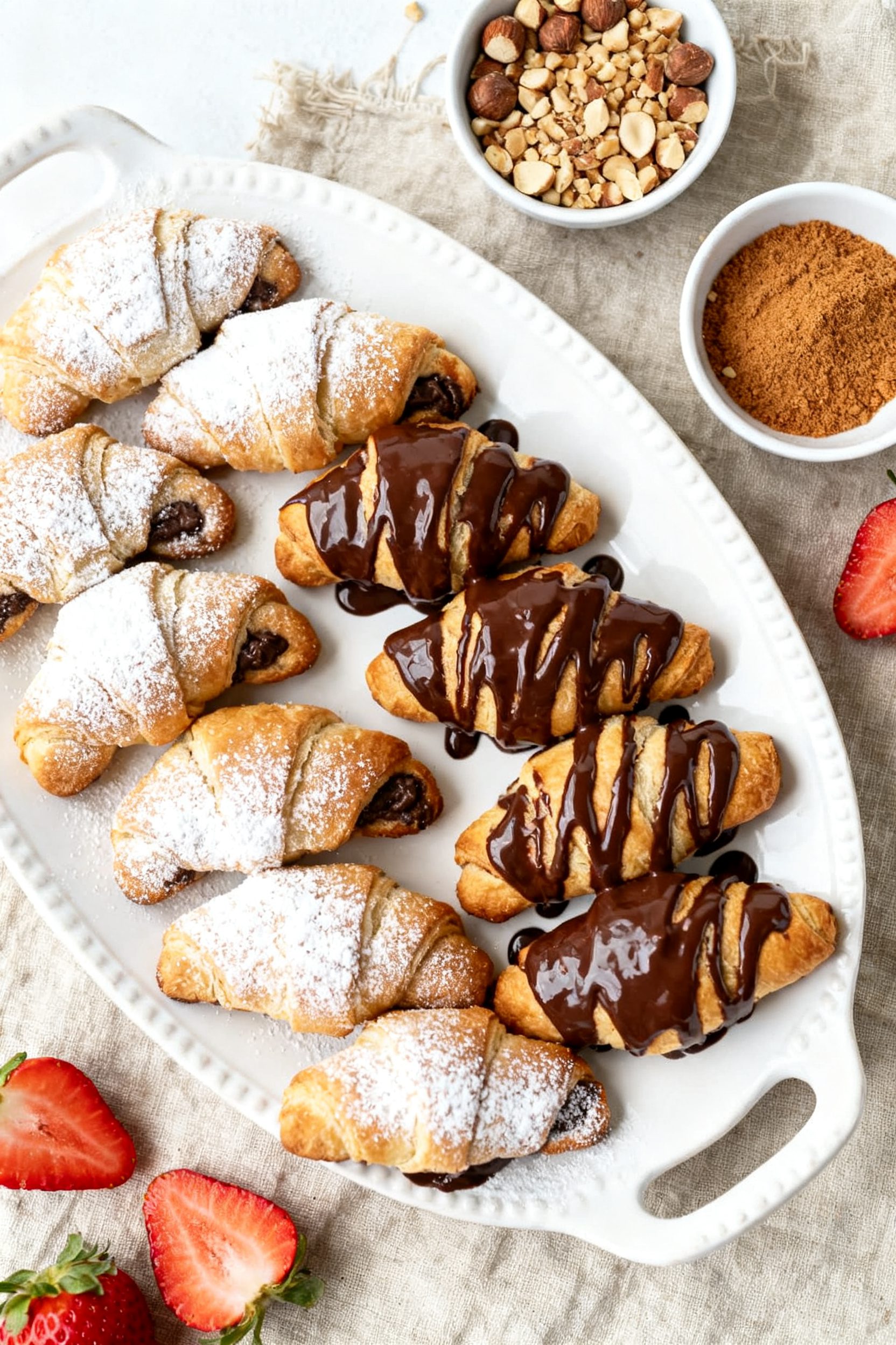 Final dish presentation: Beautifully plated assortment of Air Fryer Nutella Crescent Rolls on a whit
