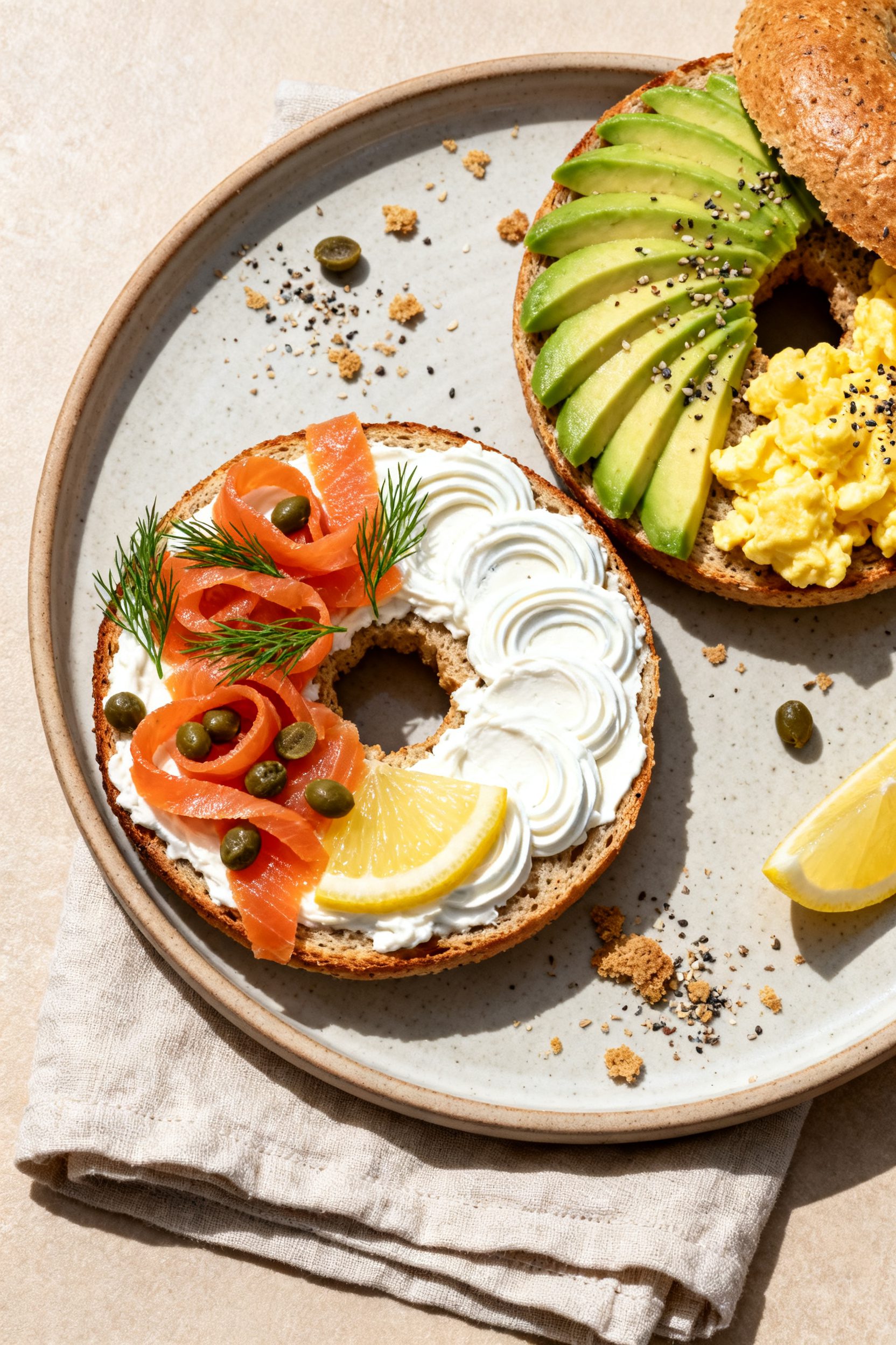 Final dish presentation: Beautifully plated gluten free bagel breakfast spread, of a sliced and toas