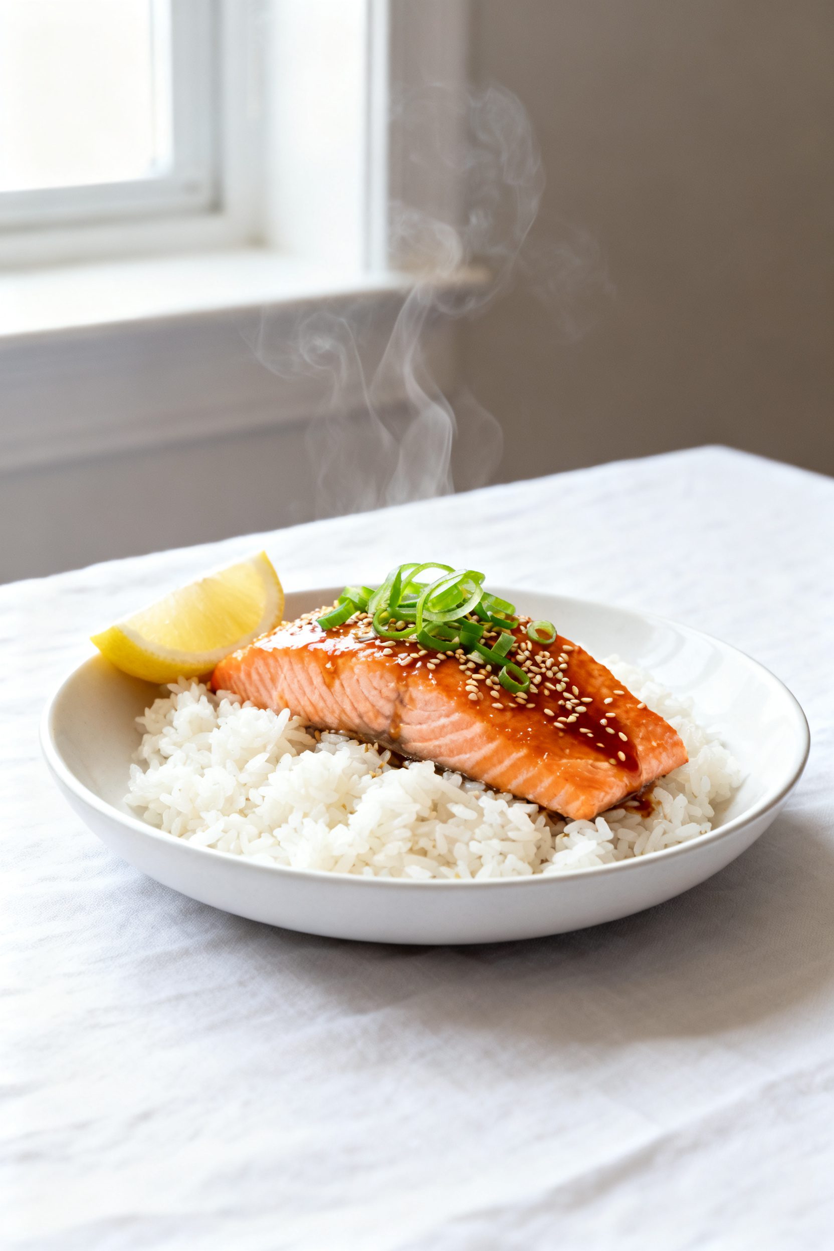 Final dish presentation: Beautifully plated honey garlic salmon over fluffy steamed jasmine rice wit