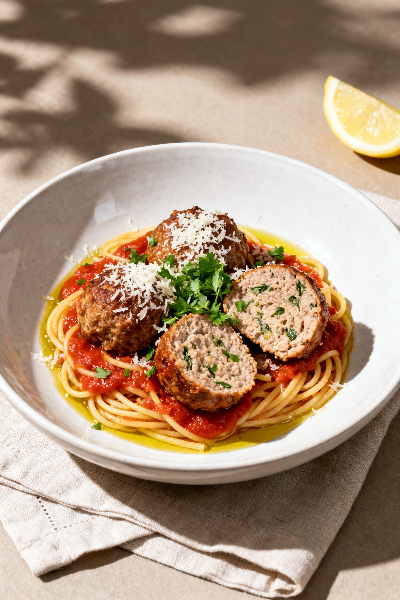 Final dish presentation: Beautifully plated Italian-style pork meatballs nestled in warm marinara ov