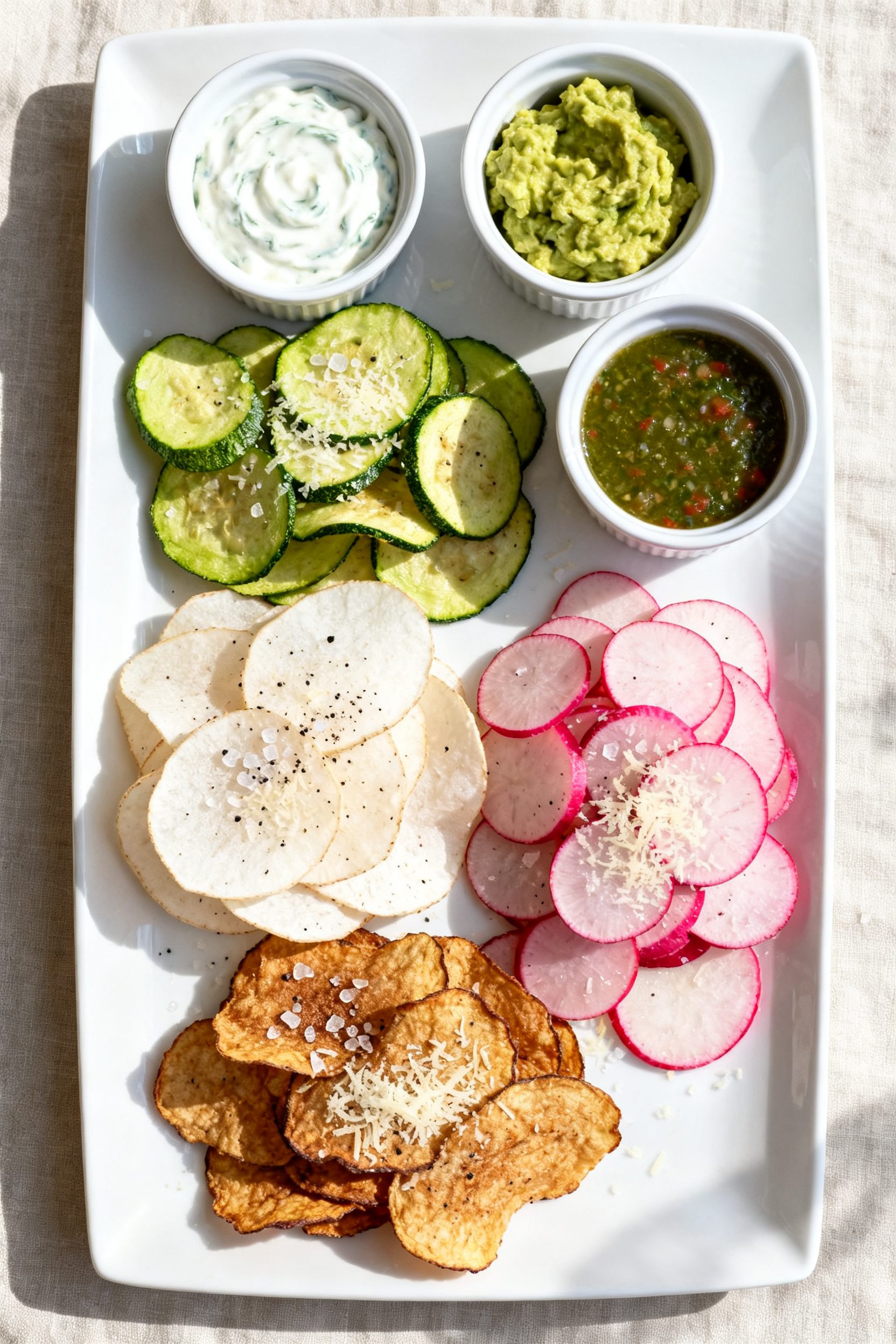 Final dish presentation: Beautifully plated low-carb chip trio—zucchini, jicama, and radish—arra