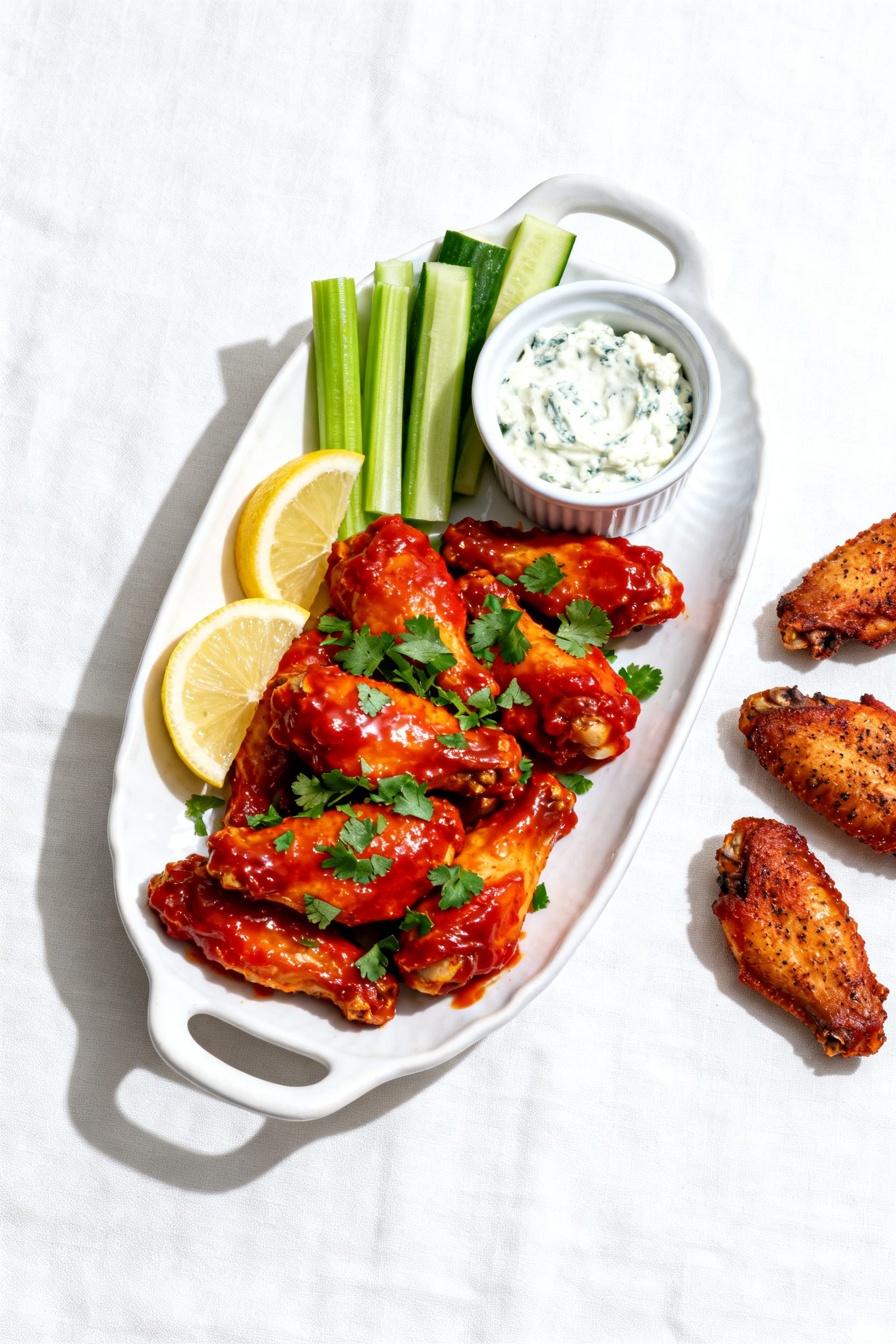 Final dish presentation: Beautifully plated low-carb chicken wings on a white ceramic platter, tosse
