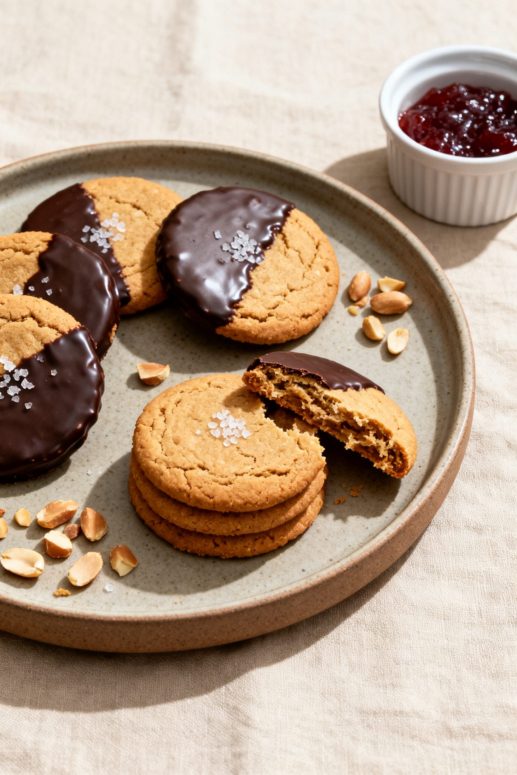 Final dish presentation: Beautifully plated peanut butter cookies on a matte ceramic plate, a few di