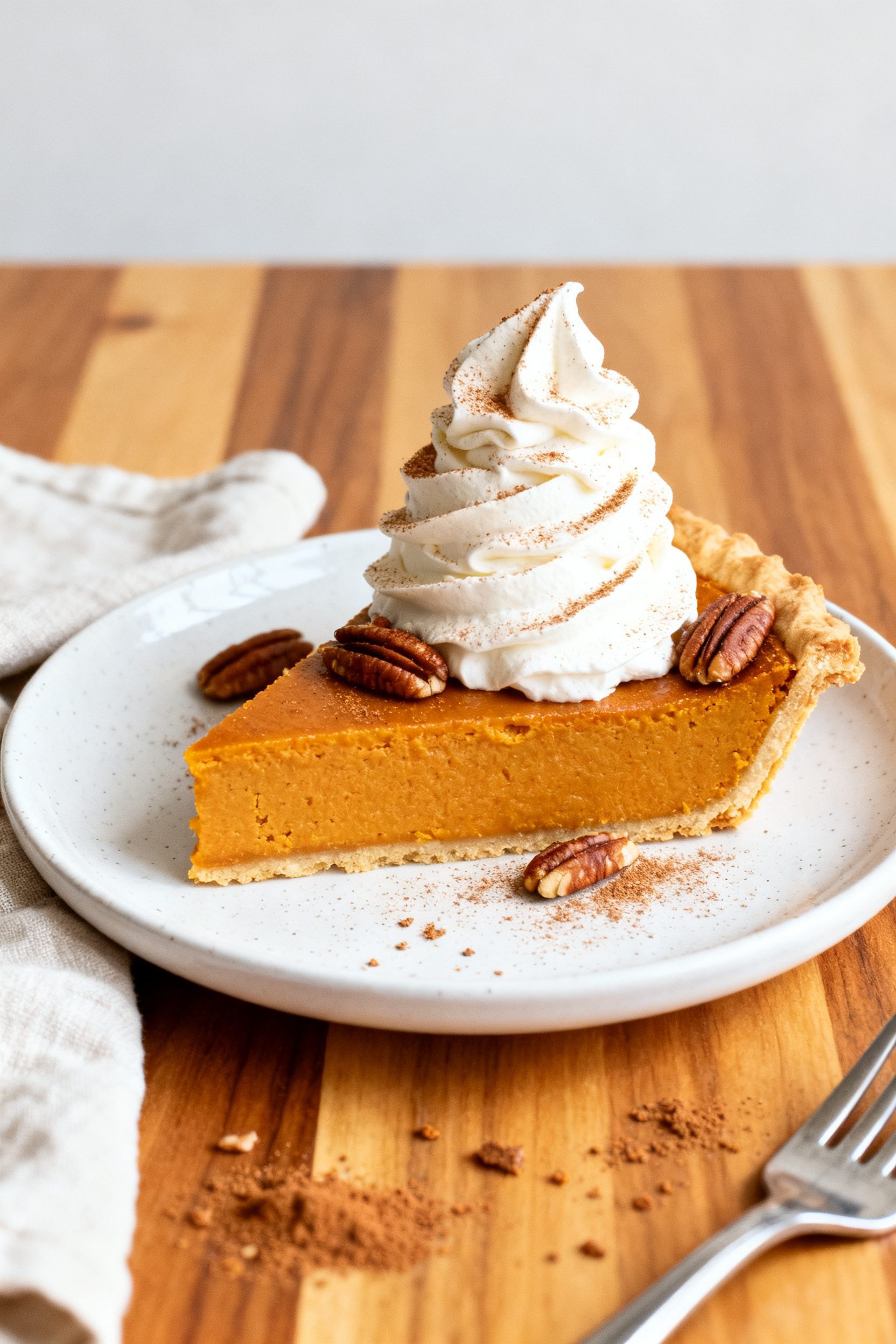 Final dish presentation: Beautifully plated slice of air fryer pumpkin pie on a white ceramic plate,