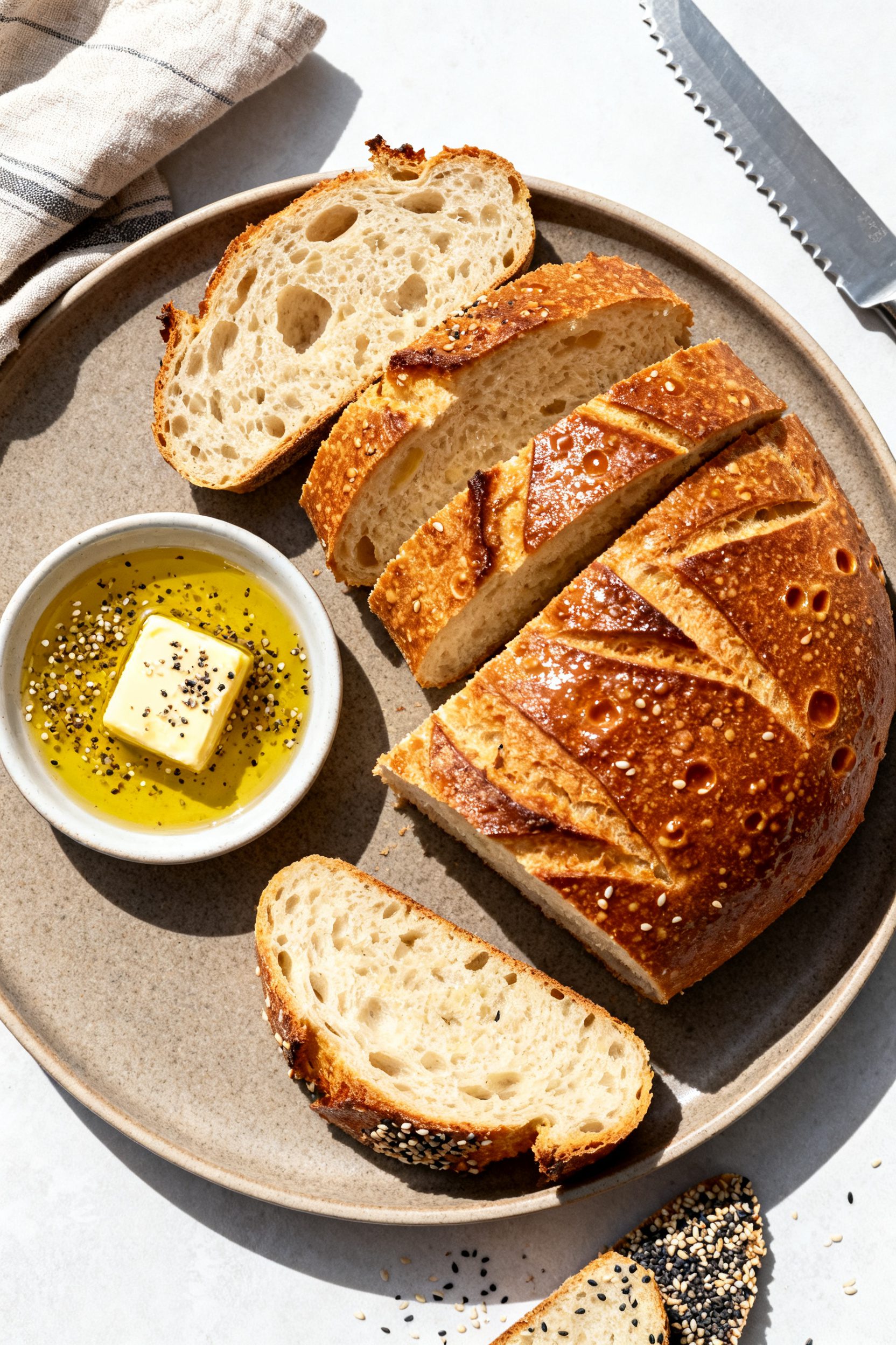 Final dish presentation: Beautifully plated slices of the air fryer no-knead bread with a soft, open