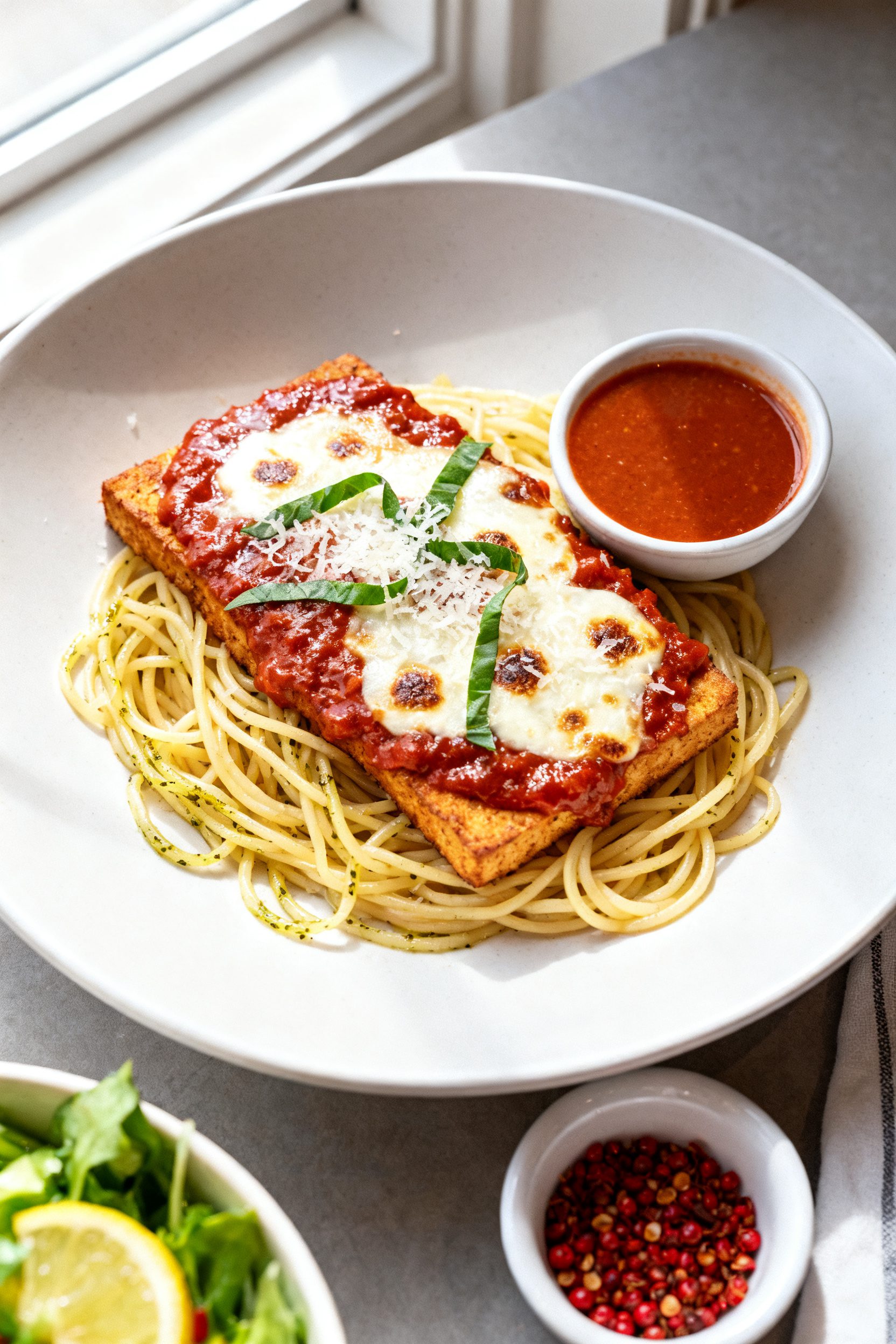 Final dish presentation: Beautifully plated Tofu Parmesan on a wide white ceramic plate over a neat
