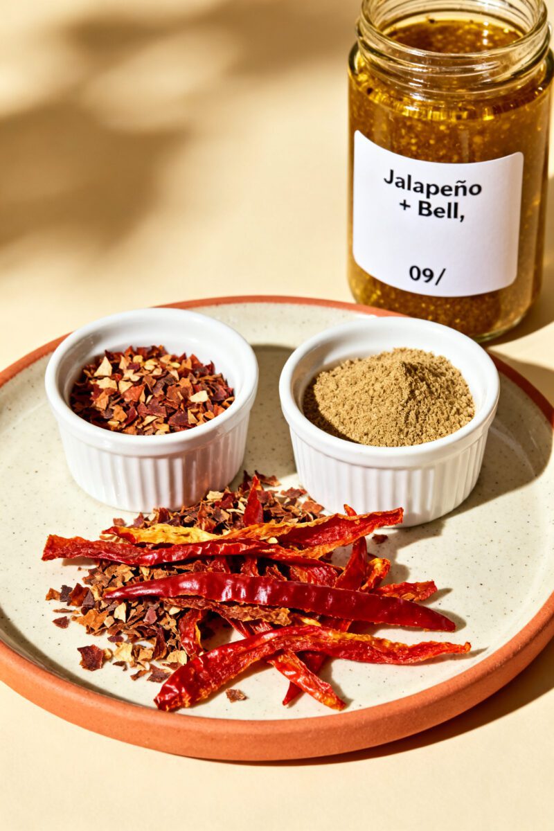 Final dish presentation: Beautifully plated trio of pepper products—vibrant dehydrated strips, rus
