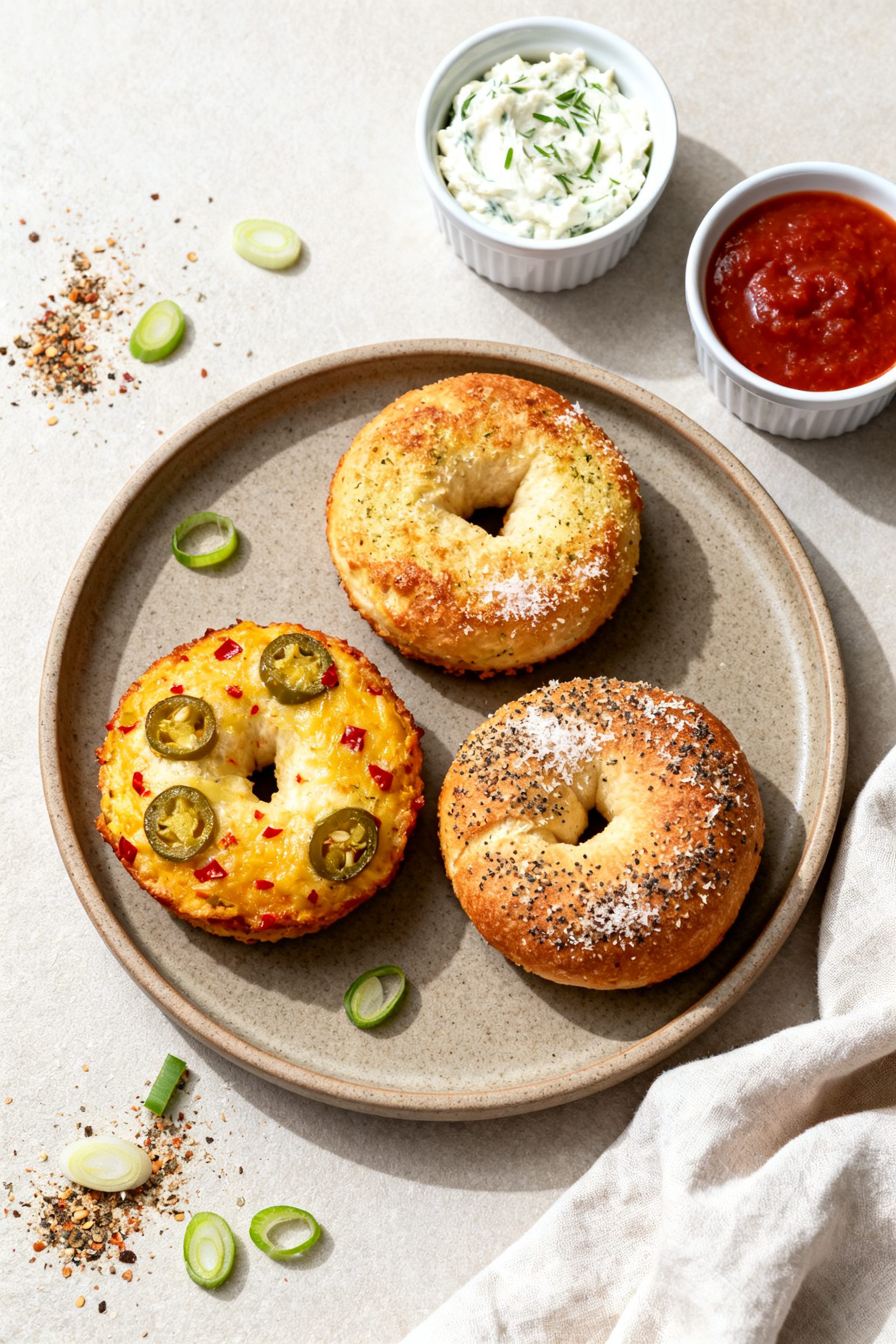 Final dish presentation: Beautifully plated trio of keto bagel bite variations on a matte stoneware 