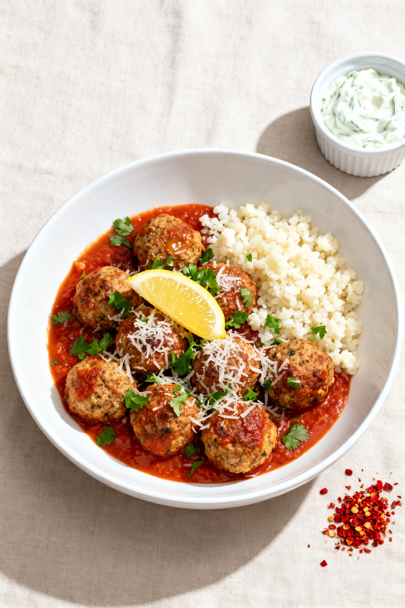 Final dish presentation: Beautifully plated turkey meatballs tossed in warm marinara, sprinkled with