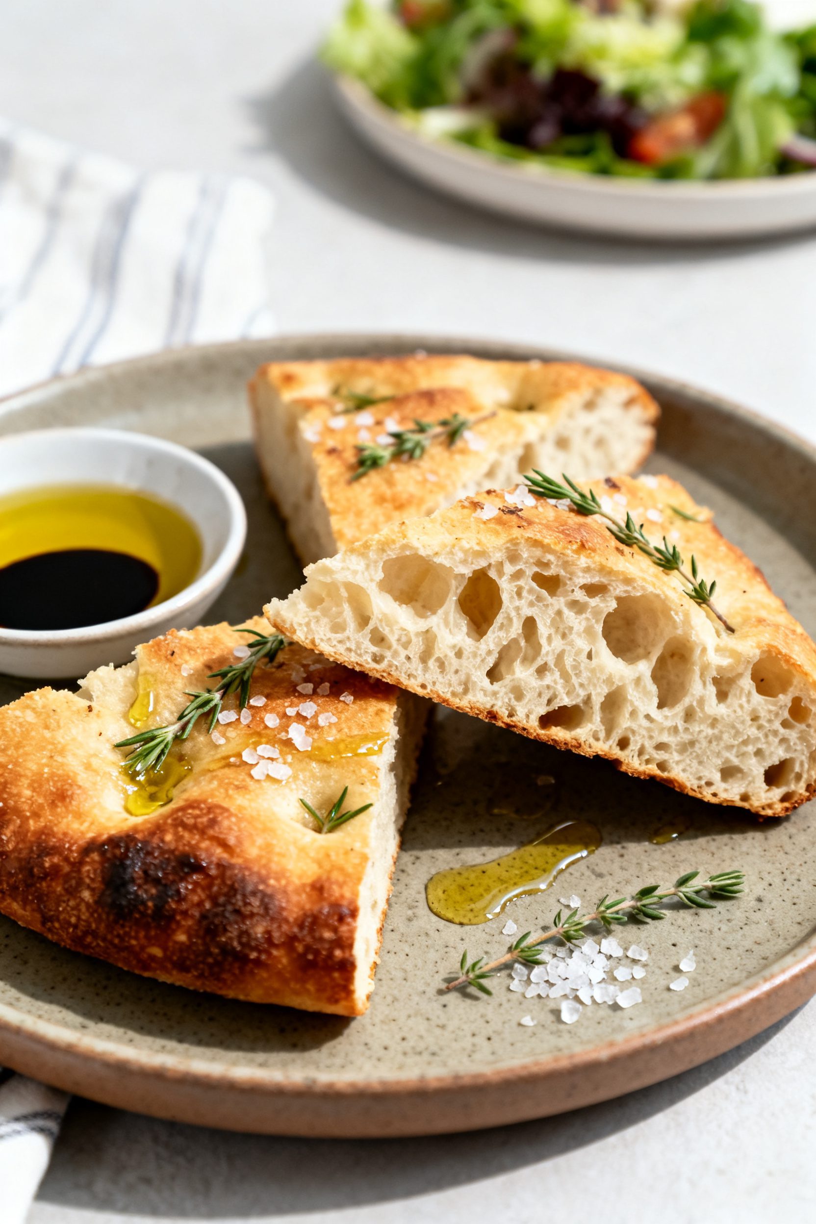 Final dish presentation: Beautifully plated wedges of air fryer focaccia on a matte stoneware plate,