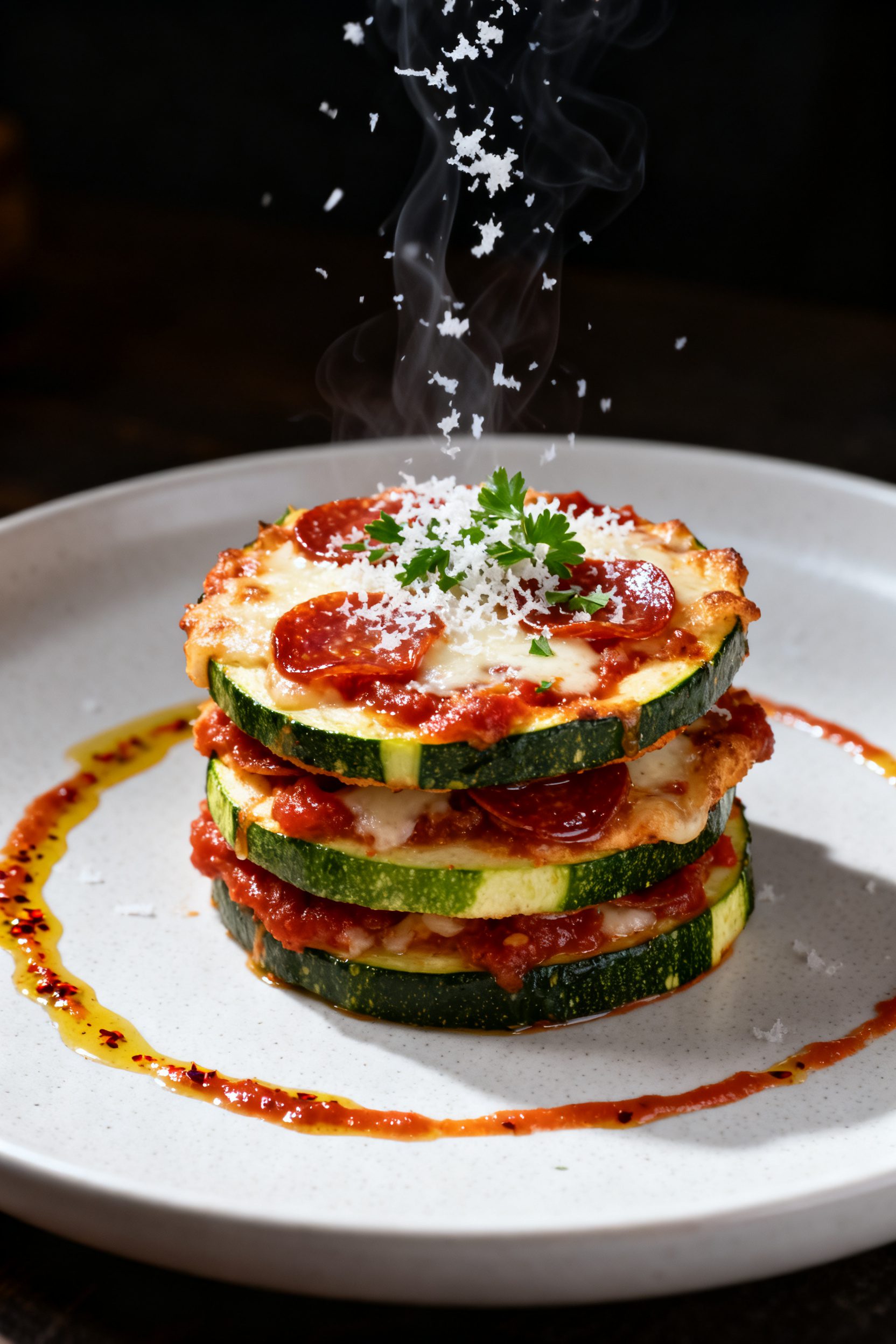 Final dish presentation: Beautifully plated zucchini pizza bites stacked slightly for height on a ma