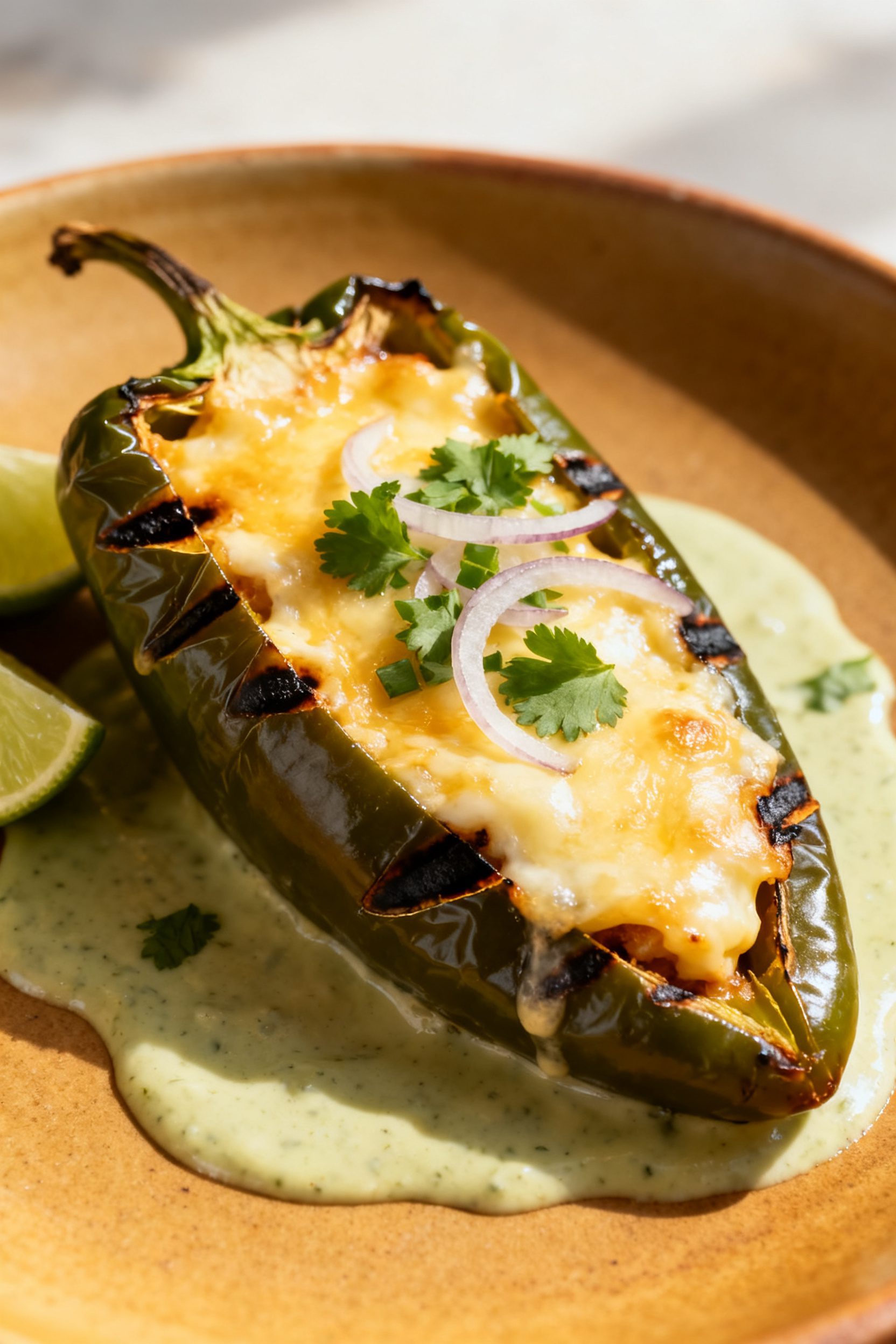 Final dish presentation: Cheese-stuffed roasted poblano peppers (peeled with a neat slit) on a warm 